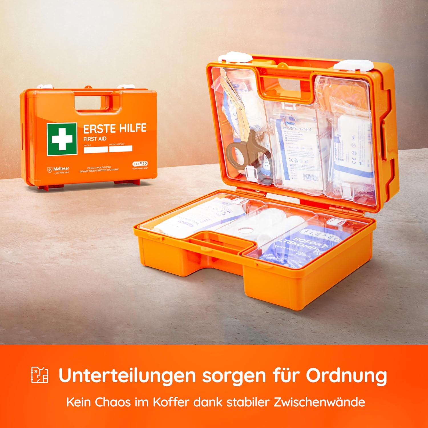 FLEXEO - Erste-Hilfe-Koffer-Set DIN 13157:2021 mit Wandhalterung, mit gefülltem WERO Pflasterspender und FLEXEO Augenspülstation inkl. 2 x 500 ml Flaschen Kochsalzlösung und Wandhalterung – Bild 3