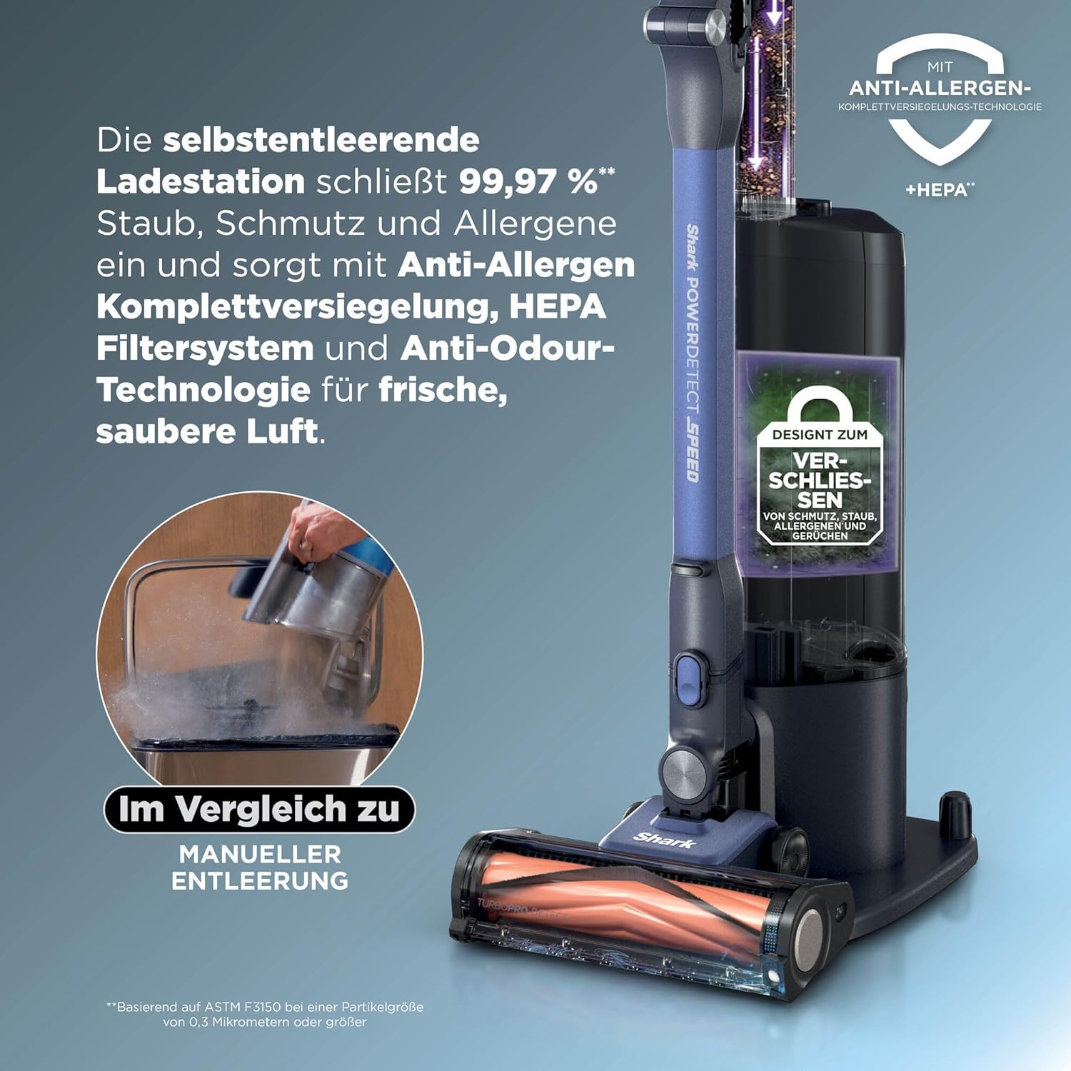 Shark Detect Speed Clean & Empty Pet Pro Akku-Staubsauger, Rückwärtsreinigung, bis zu 60 Minuten Laufzeit, inklusive selbstentleerender Ladestation und Tierhaaraufsatz, Salbeigrau IA3241EUT – Bild 5