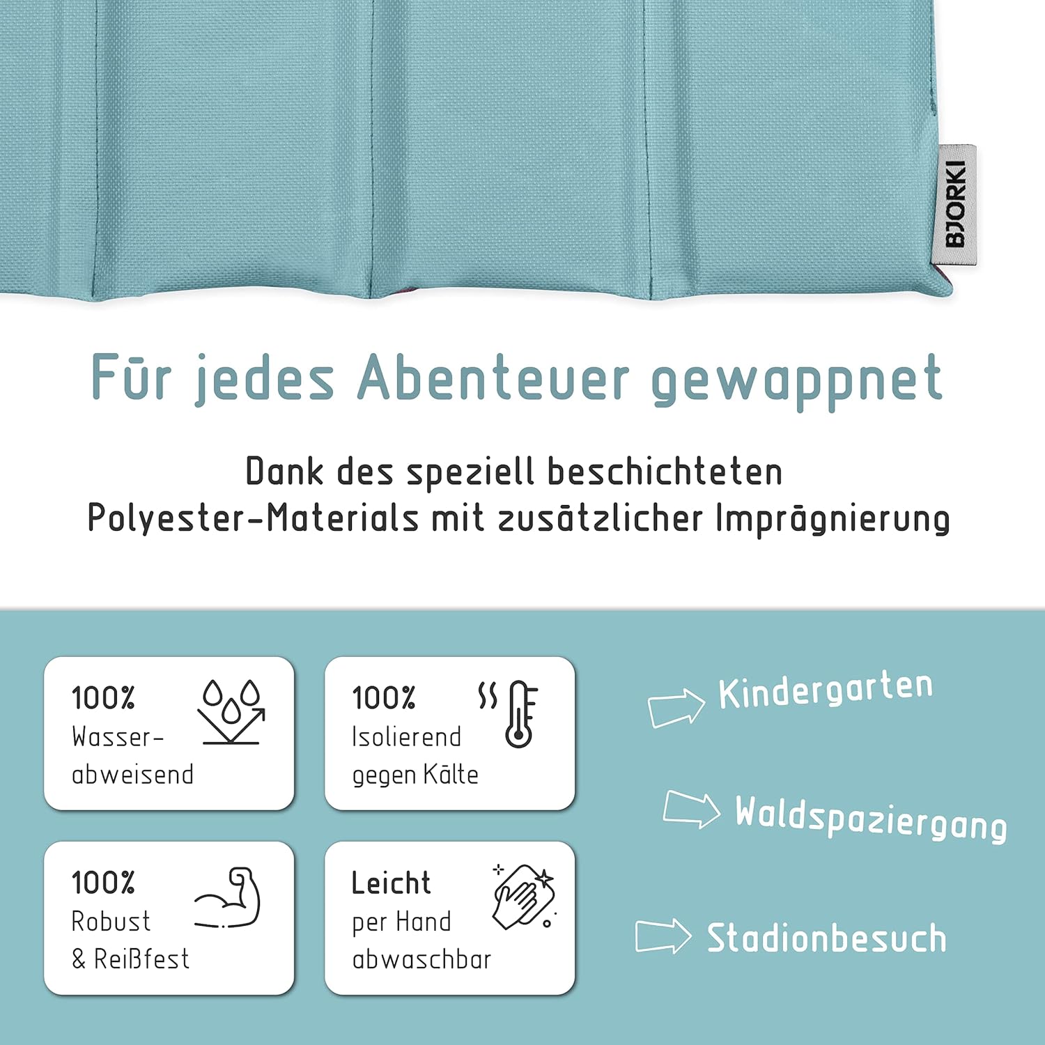 BJORKI® Kinder-Sitzkissen, faltbares Outdoor-Sitzkissen mit optimalem Kälte- und Nässeschutz, robuste Outdoor-Sitzauflage, das Thermo-Sitzkissen für Wandern, Stadion und unterwegs – Bild 5