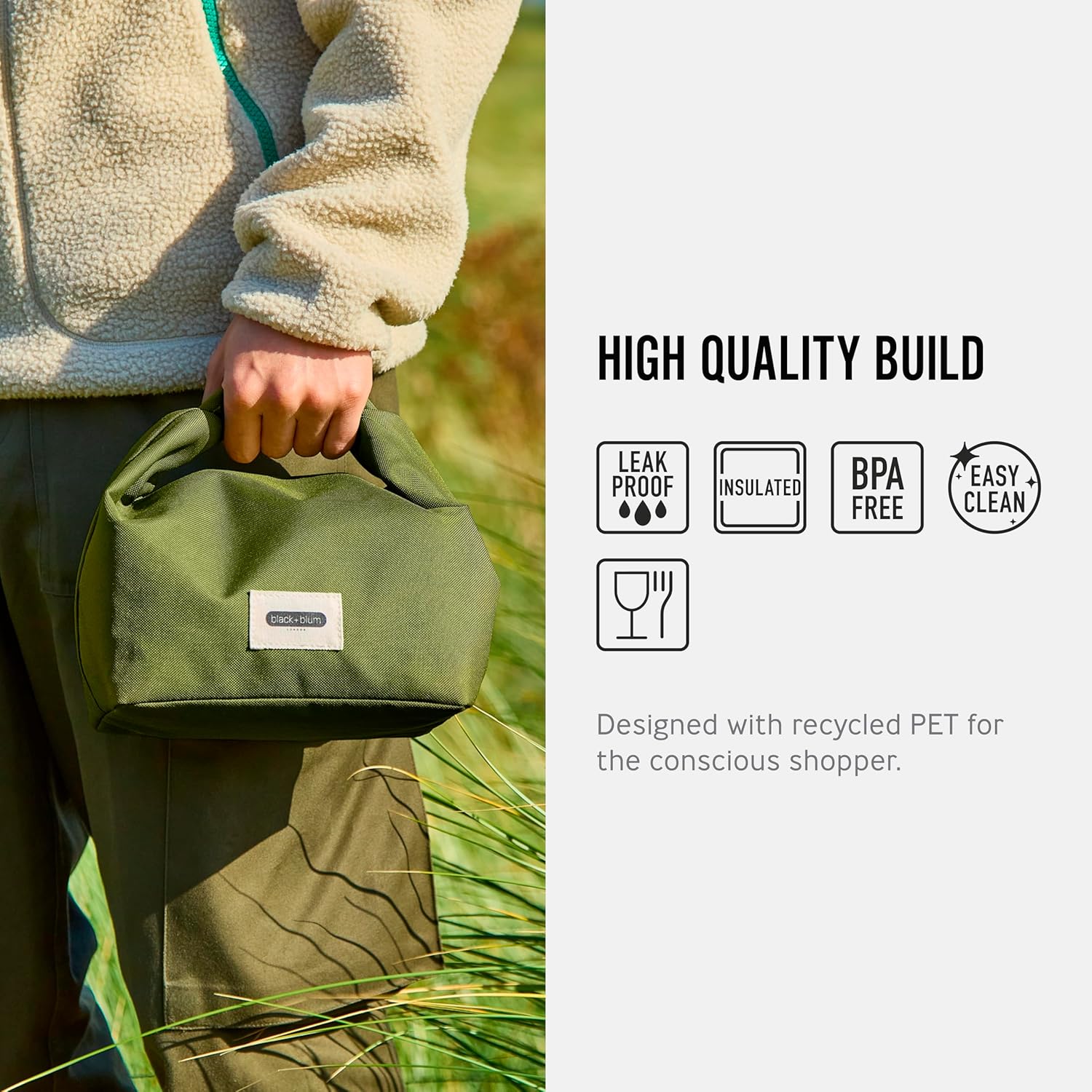 BLACK + BLUM Isolierte Lunchtasche 6,7 L Moos, 100 % auslaufsicher dank Rolltop, faltbare Lunchtasche aus recyceltem Kunststoff, wasserabweisend, kleine Kühltasche für Meal Prep, Büro, Schule – Bild 2