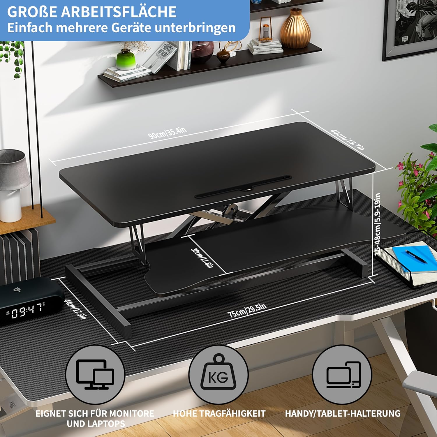 Steh-Sitz-Schreibtisch, Stehpult, ergonomisch höhenverstellbar, Arbeitsplatz für zwei Monitore und Laptops mit großer Tastaturablage, Steh-Sitz-Aufsatz für Büro (90 cm) – Bild 3