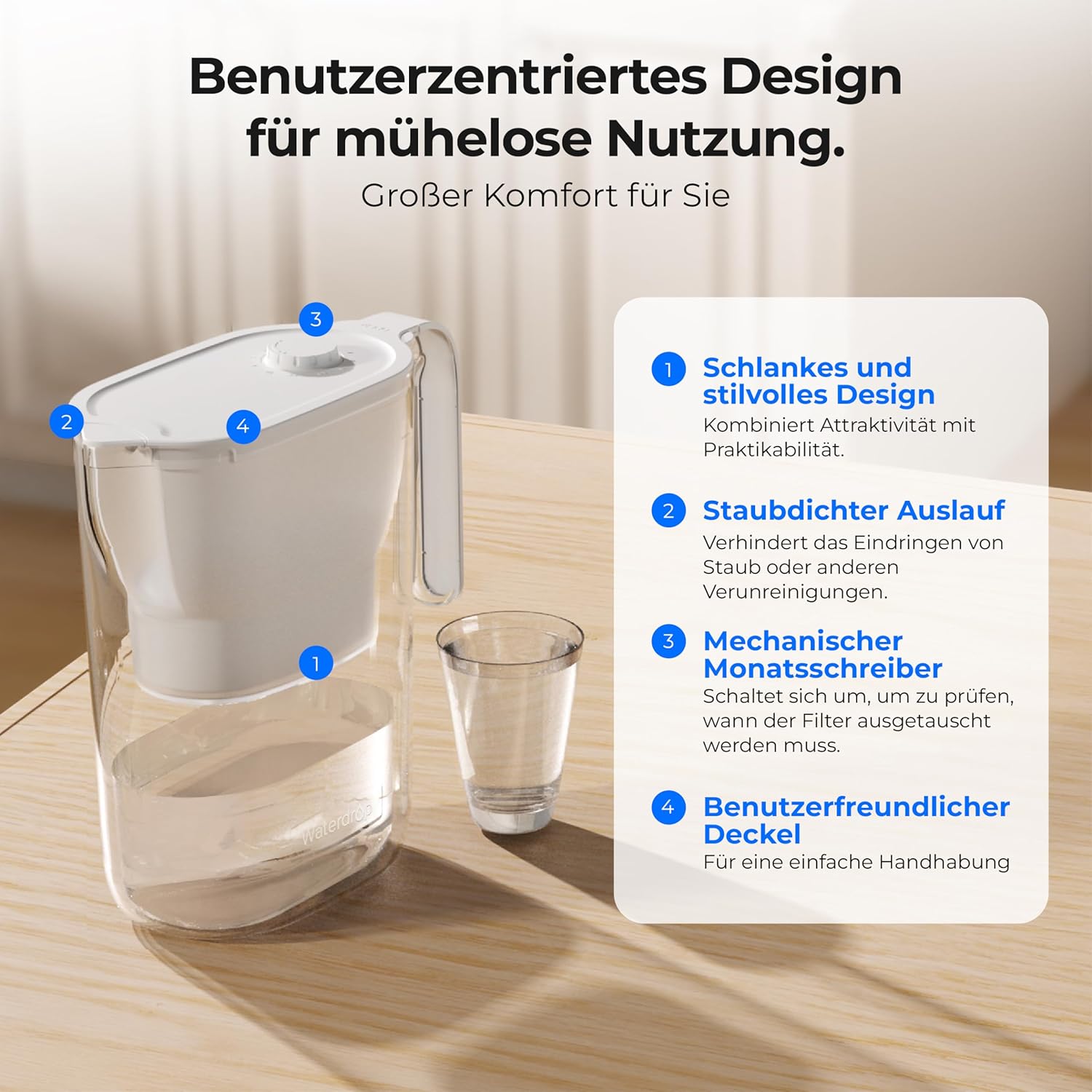 Waterdrop Wasserfilterkanne Kühlschrank-Wasserfilterkanne mit 3-Monats-Filter, 2,5 l, reduziert Fluorid, Chlor und mehr, NSF-zertifiziert, BPA-frei, Weiß (Ersatzfilter: WD-PF-01A Plus) – Bild 7
