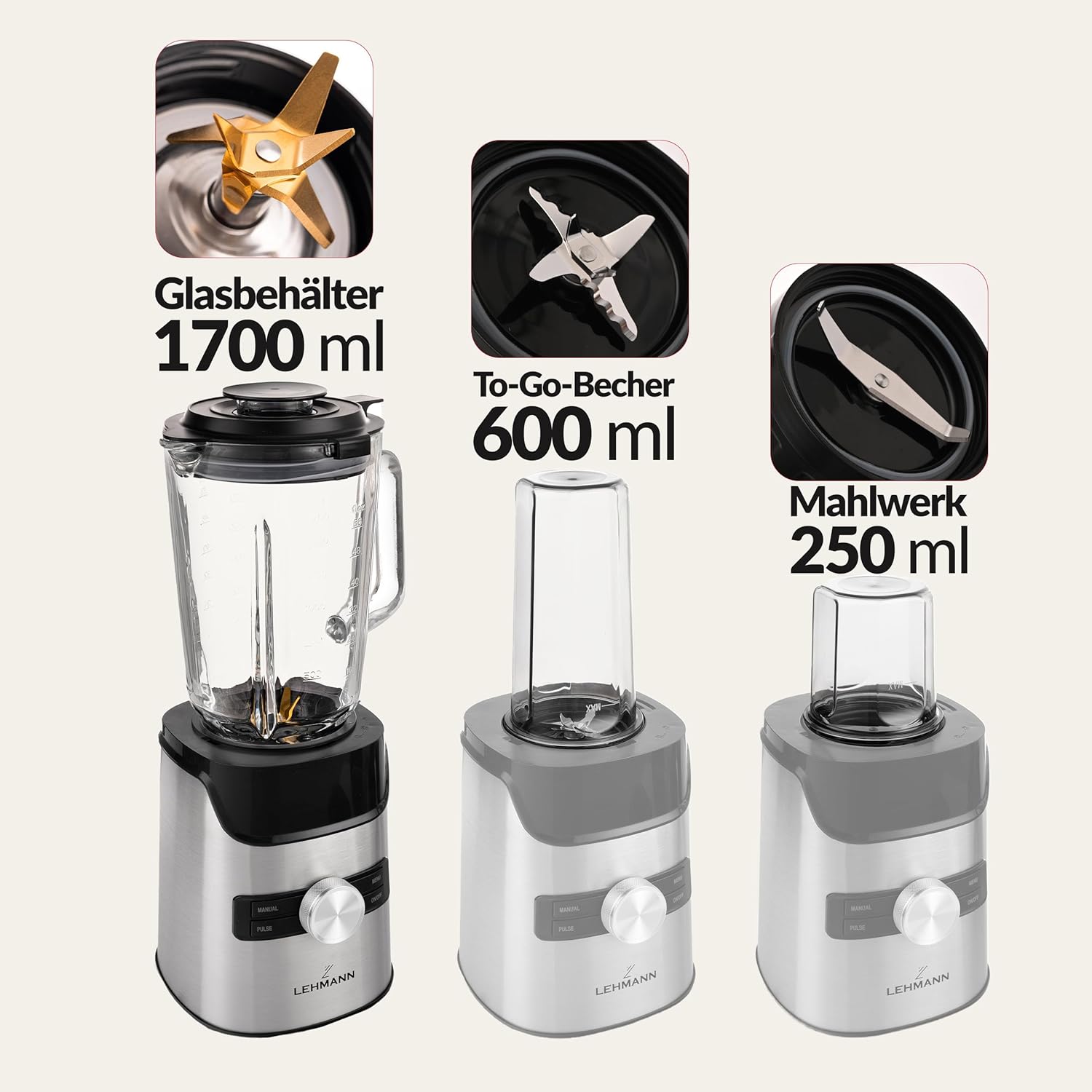 LEHMANN Standmixer 3-in-1 mit Glasbehälter 1,7 L, To-Go-Trinkflasche & Mahlwerk, 10 Geschwindigkeiten, Pulse, 3 Programme für Smoothie, Milchshake, Ice Crush, spülmaschinenfeste Teile, 1400 W – Bild 6