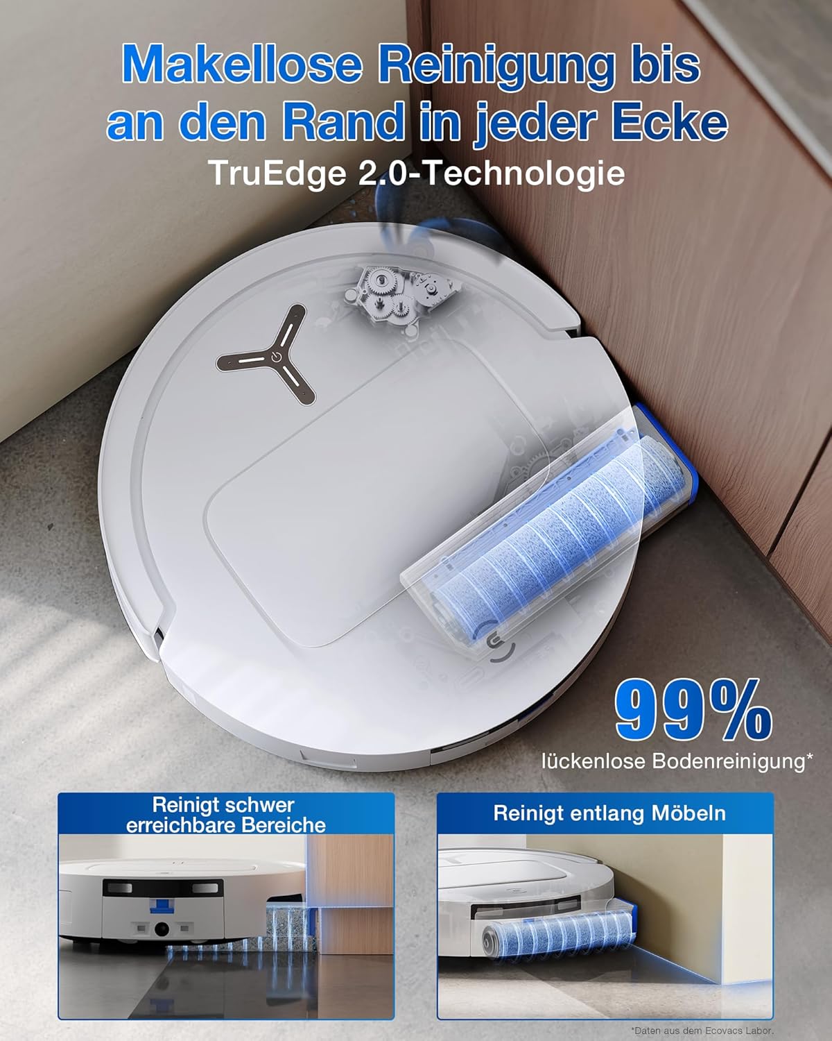 ECOVACS Deebot T80 Omni Roboterstaubsauger mit Wischfunktion, 18.000 Pa, OZMO Roller Wischwalze mit kontinuierlicher Frischwasser-Selbstreinigung, ZeroTangle 3.0, Wischwäsche mit 40–75 °C heißem Wasser, Weiß – Bild 4