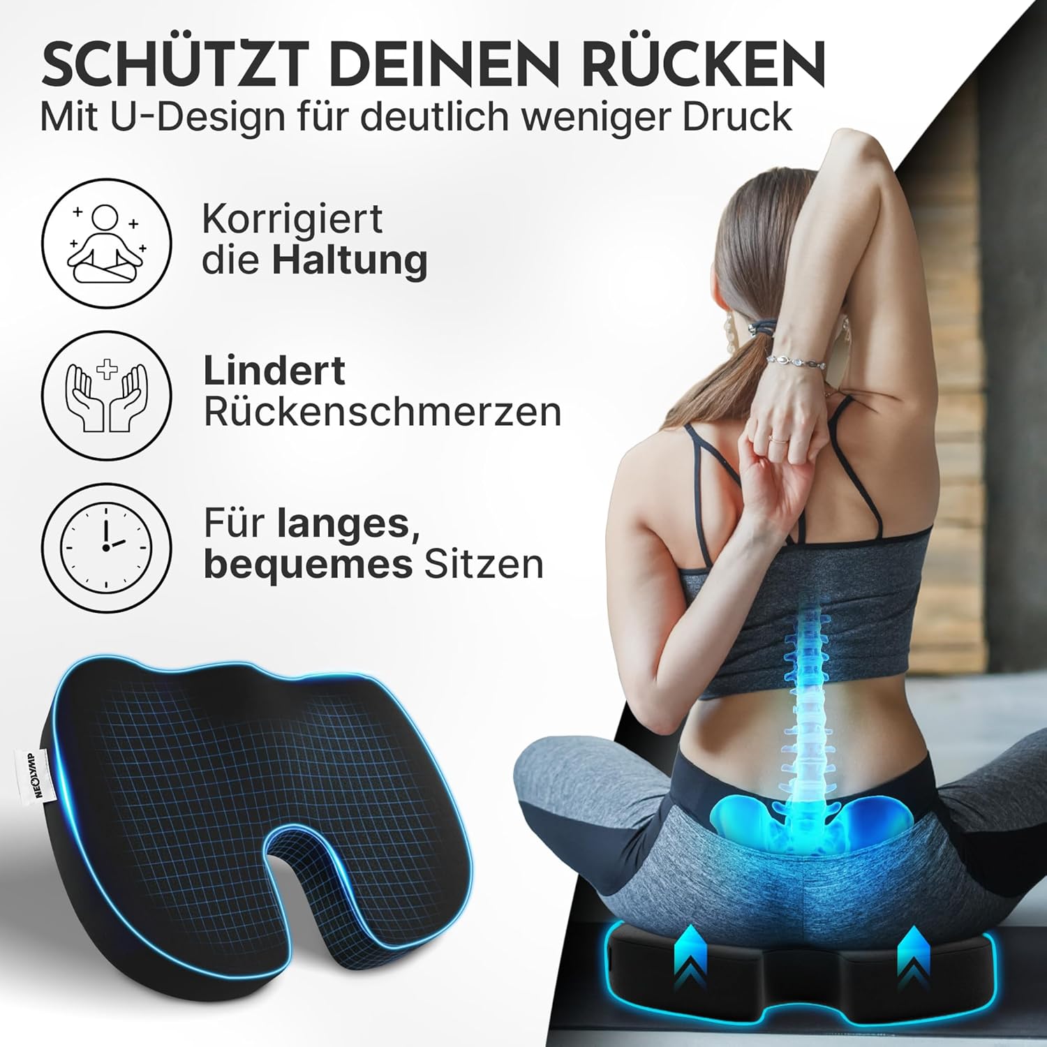 NEOLYMP Orthopädisches Sitzkissen – Memory Foam Kissen mit Steißbeinaussparung – Ergonomisches Design für Büro, Auto & Reisen – 3 Härtegrade für Sitzkomfort (Schwarz, Mittel, 60-100 kg) – Bild 3