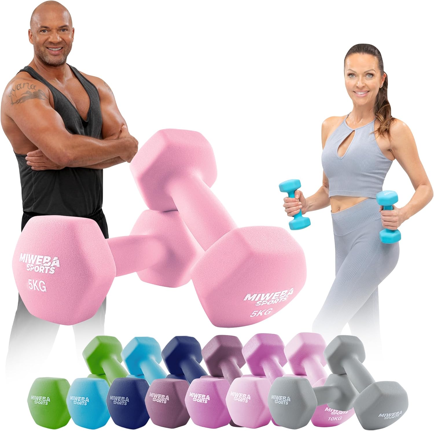 Miweba Sports Neopren-Hantel-Set (NKH100), Profi-Hanteln, 0,5–10,0 kg, Hexagon-Hanteln-Set, Gymnastik-Hanteln