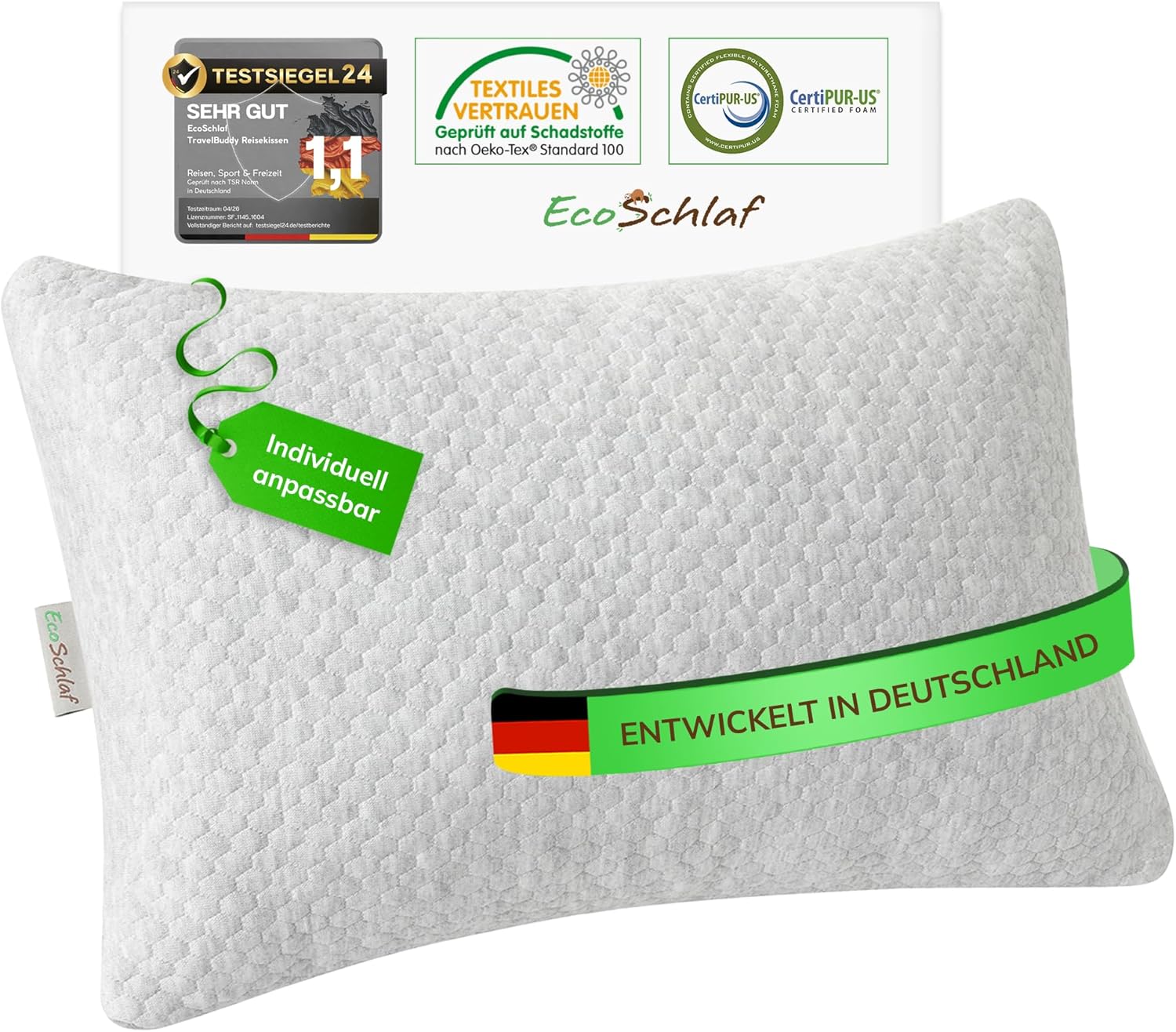 TravelBuddy Reisekissen – kleines Nackenkissen für Flugzeug, Camping, Auto, Bus, Zug – verstellbares Memory-Schaum-Reisekissen – ergonomisches Kissen für Outdoor & Reisen (grau)
