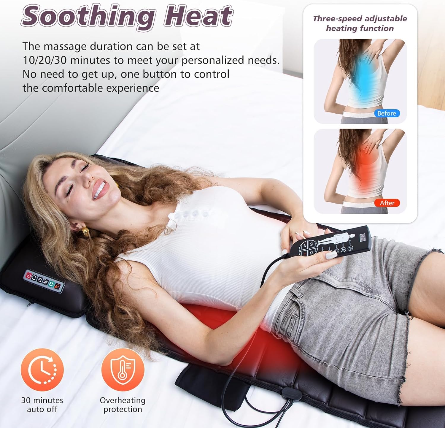 Ganzkörper-Massagematte mit Wärmefunktion, abnehmbares Nackenmassagegerät, verschiedene Massagemodi für den ganzen Körper, Massagekissen mit 10 Vibrationsmotoren und 9 Geschwindigkeitsstufen für – Bild 3