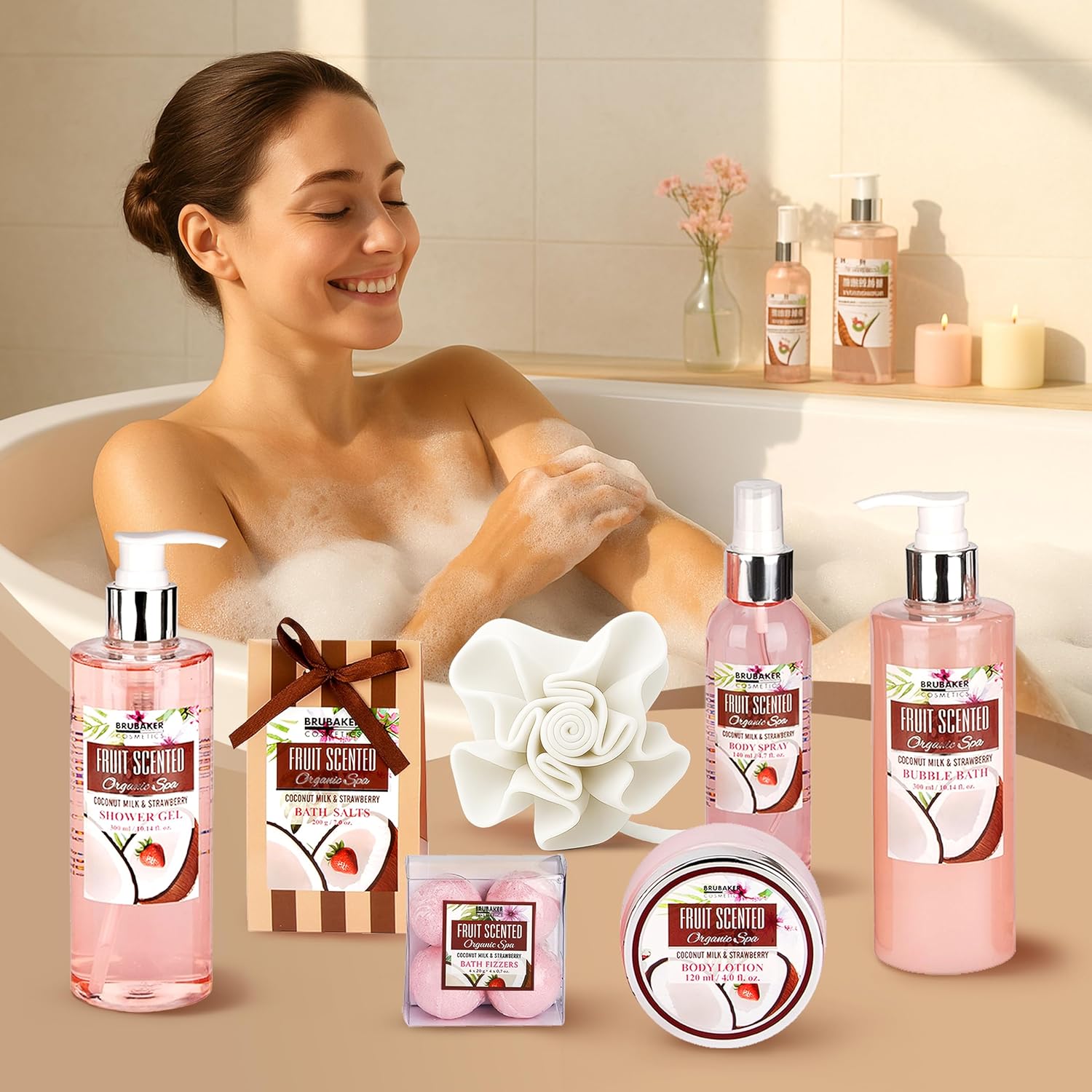 Brubaker Cosmetics Bade- und Duschset mit Kokosnuss- und Erdbeerduft, 10-teiliges Geschenkset in Vintage-Wanne – Bild 3
