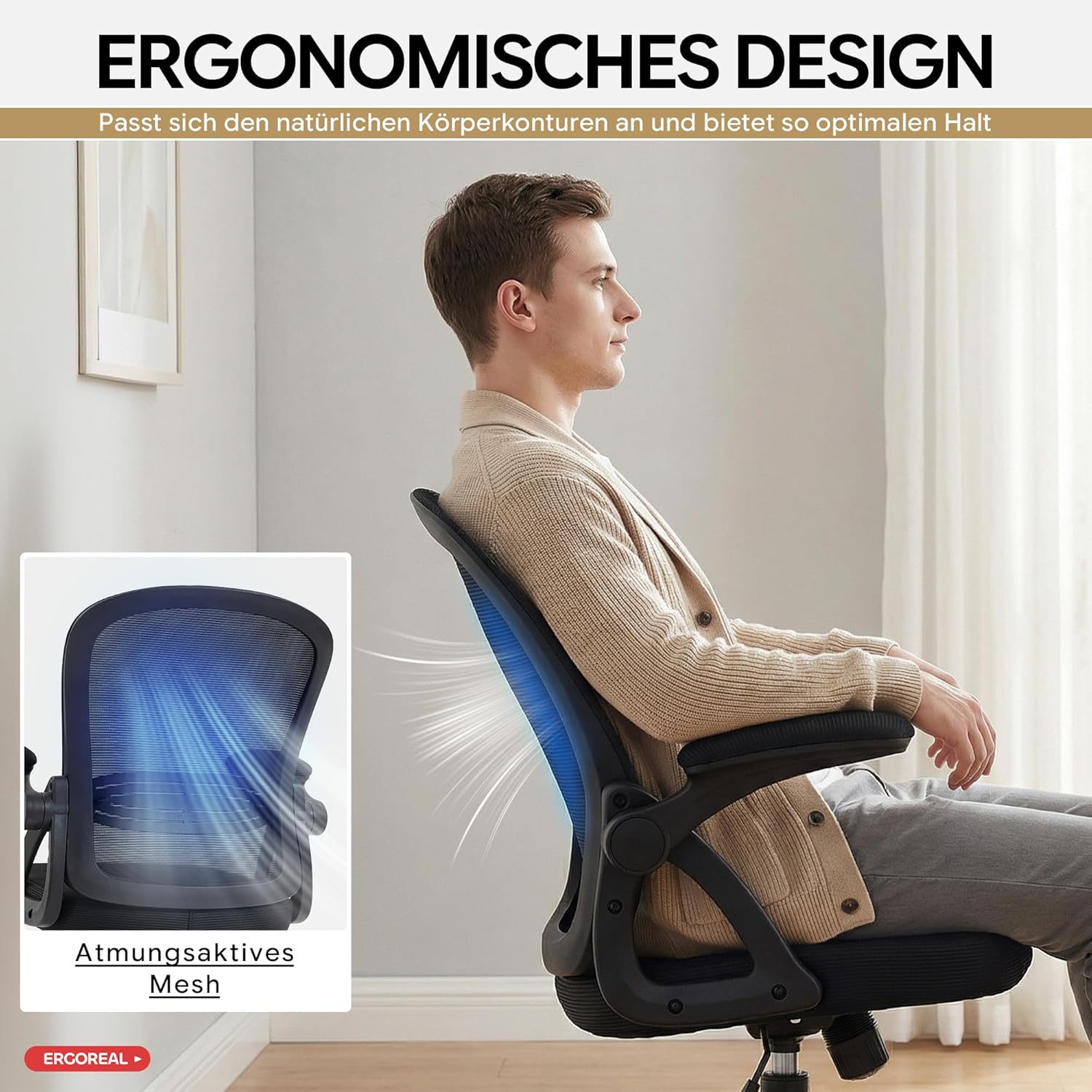 25W02 Ergonomischer Bürostuhl, 90-110° verstellbare Rückenlehne & klappbare Armlehnen (90°), Bürostuhl mit Rollen & Höhenverstellung, Heimbüro & Arbeitszimmer (Tiefschwarz) – Bild 4