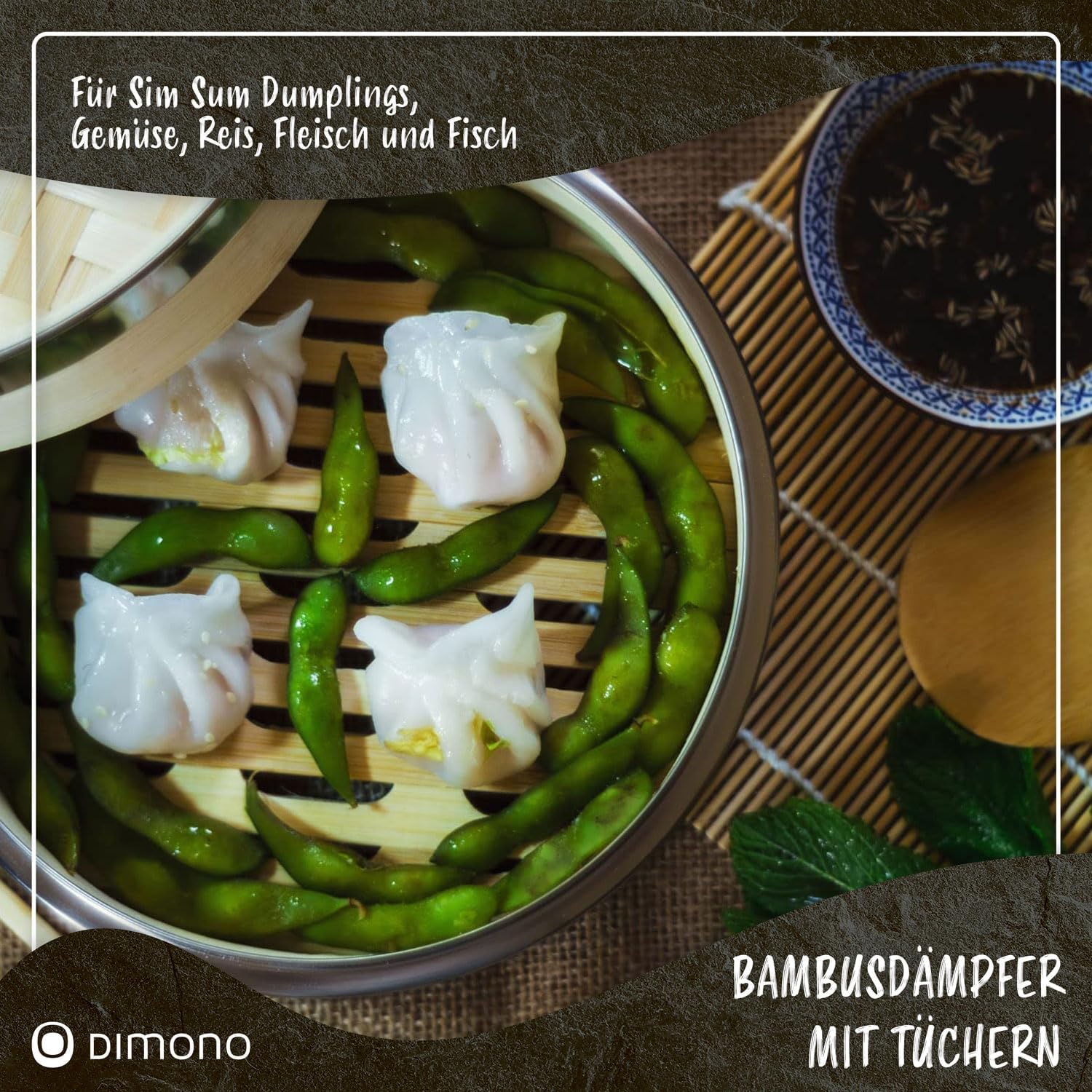 Dimono Bambusdampfgarer mit Edelstahl, 2 Etagen Bambusdampfgarer mit Deckel, Dampfgaraufsatz und Dampfgarkorb für Sim Sum Knödel, Gemüse, Reis, Fleisch und Fisch (Durchmesser 20 cm) – Bild 5