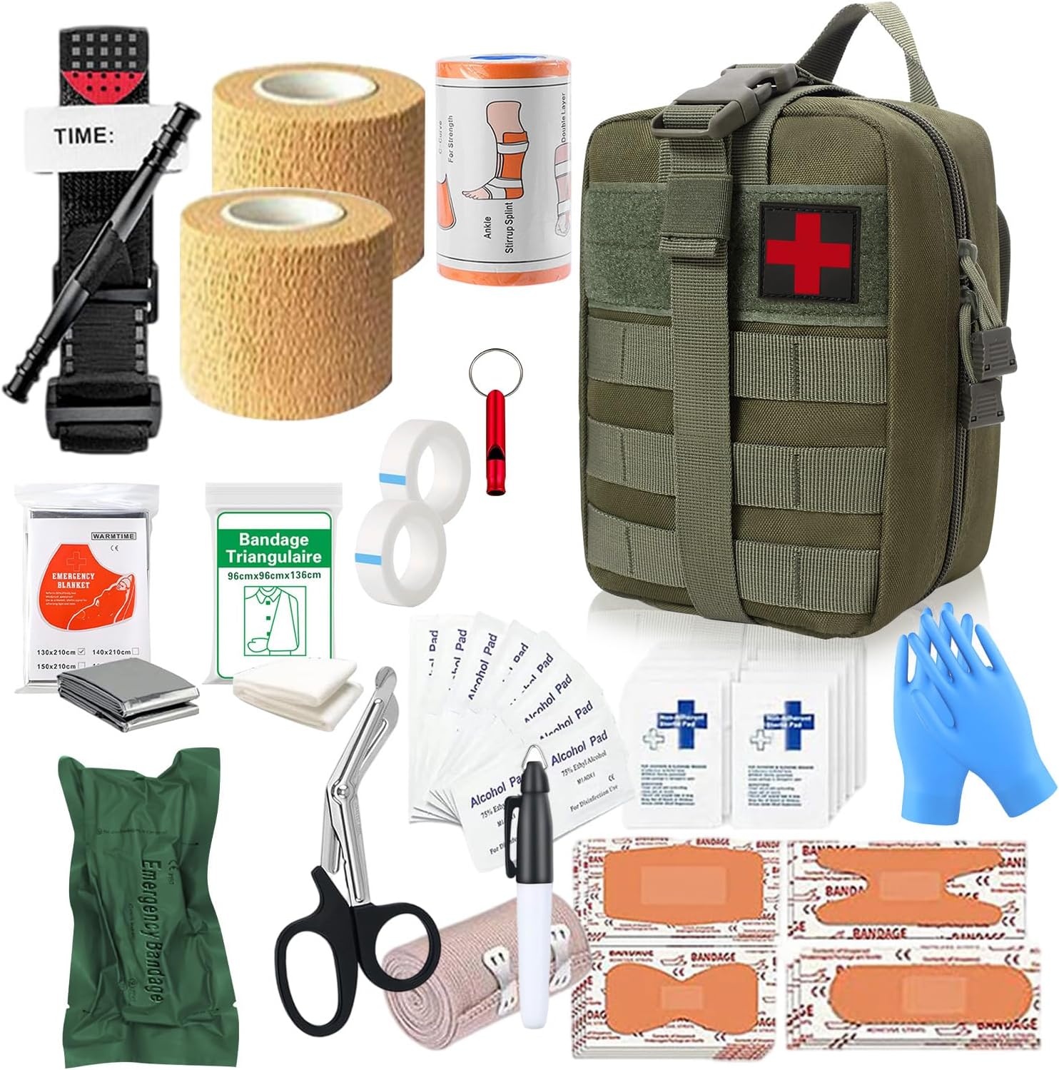 61-teiliges Outdoor-Erste-Hilfe-Set, Survival-Set, Erste-Hilfe-Set, Trauma-Erste-Hilfe-Tasche, Erste-Hilfe-Set Militär, Notfall-Trauma-Überlebensausrüstung, für Camping, Wandern, Radfahren, Klettern und Reisen