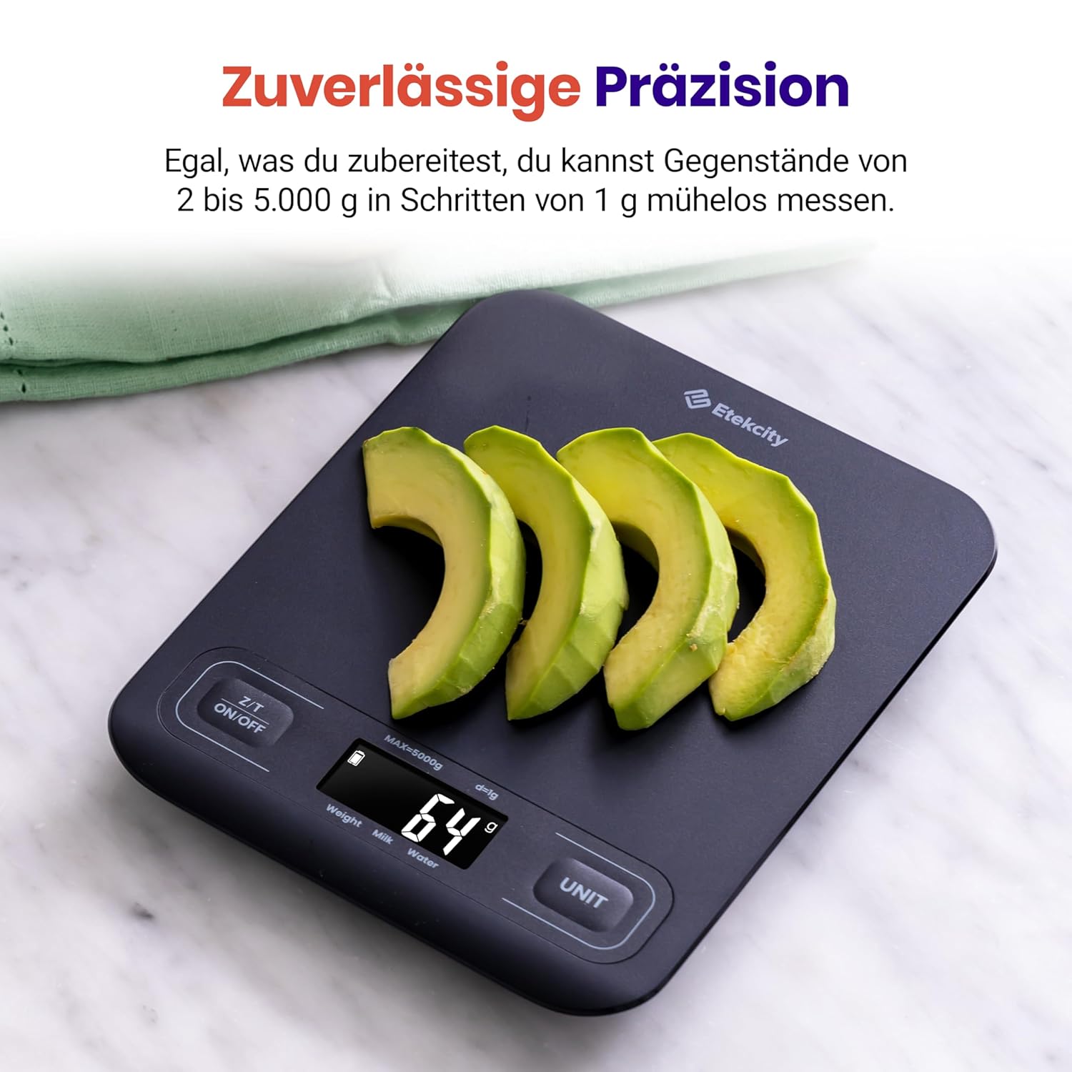Etekcity Küchenwaage, Genauigkeit bis zu 1 g, Digitale Küchenwaage mit LCD-Display, verbesserte Tasten, Tara-Funktion, Küchenwaage zum Wiegen von Flüssigkeiten und Schmuck, 5 kg, 1 g, Schwarz – Bild 2