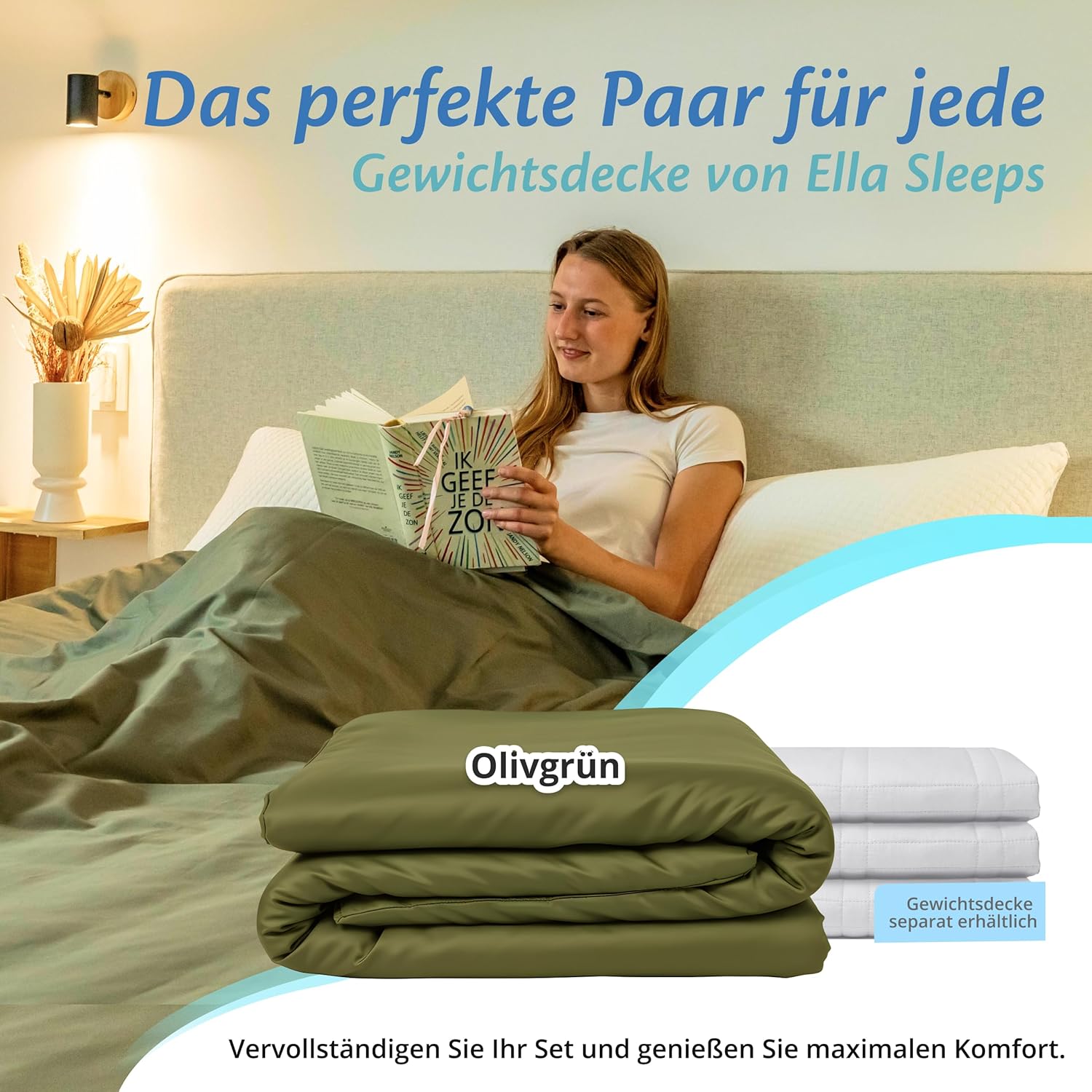 Ella Bettbezug 135 x 200 cm für Gewichtsdecke – aus 100 % Baumwolle – geeignet für 7 kg und 9 kg Gewichtsdecken – Olivgrün – Bild 4