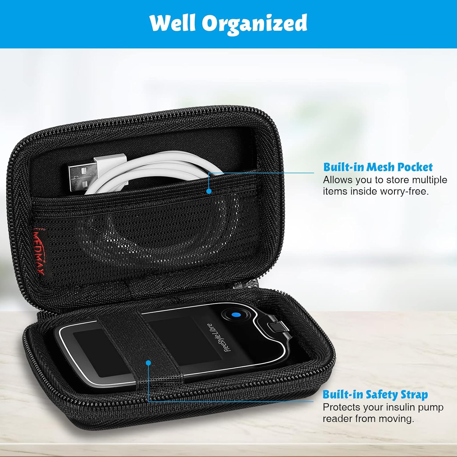 MEDMAX Hülle für Freestyle Libre 3/2/Libre Reader, Hartschalen-Schutzhülle für Blutzuckermessgerät, leichte, stoßfeste Aufbewahrungstasche mit Clip und Griff für Diabetiker, Schwarz – Bild 3