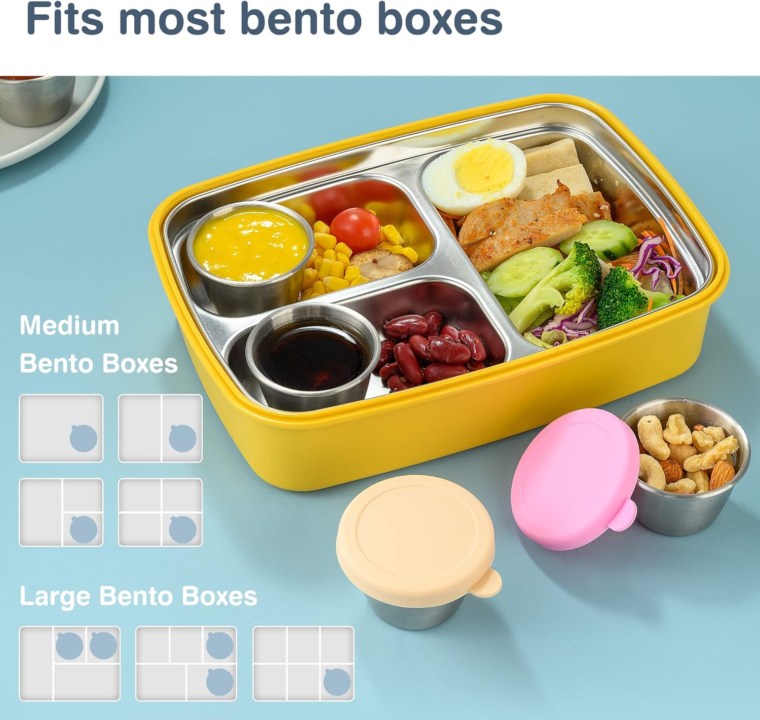 Homotte 70 ml Salat-Dressing-Behälter (6 Stück) – kleine Behälter aus lebensmittelechtem Edelstahl für Soße, Dip, Bento-Lunchbox und Essenszubereitung – auslaufsichere Dressing-Behälter mit Silikondeckel – Bild 4