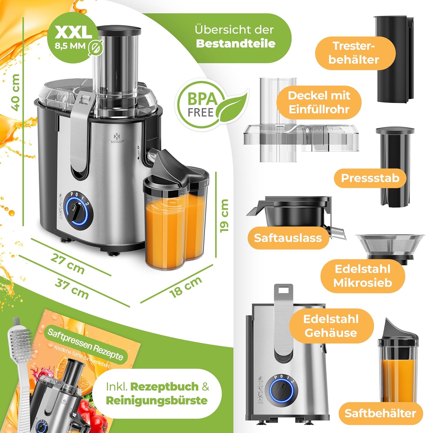 KESSER® Entsafter für Obst und Gemüse aus Edelstahl 1100W große 85 mm Einfüllöffnung inkl. Entsafter, Reinigungsbürste und Saftbehälter, 3 Geschwindigkeitsstufen – Bild 8