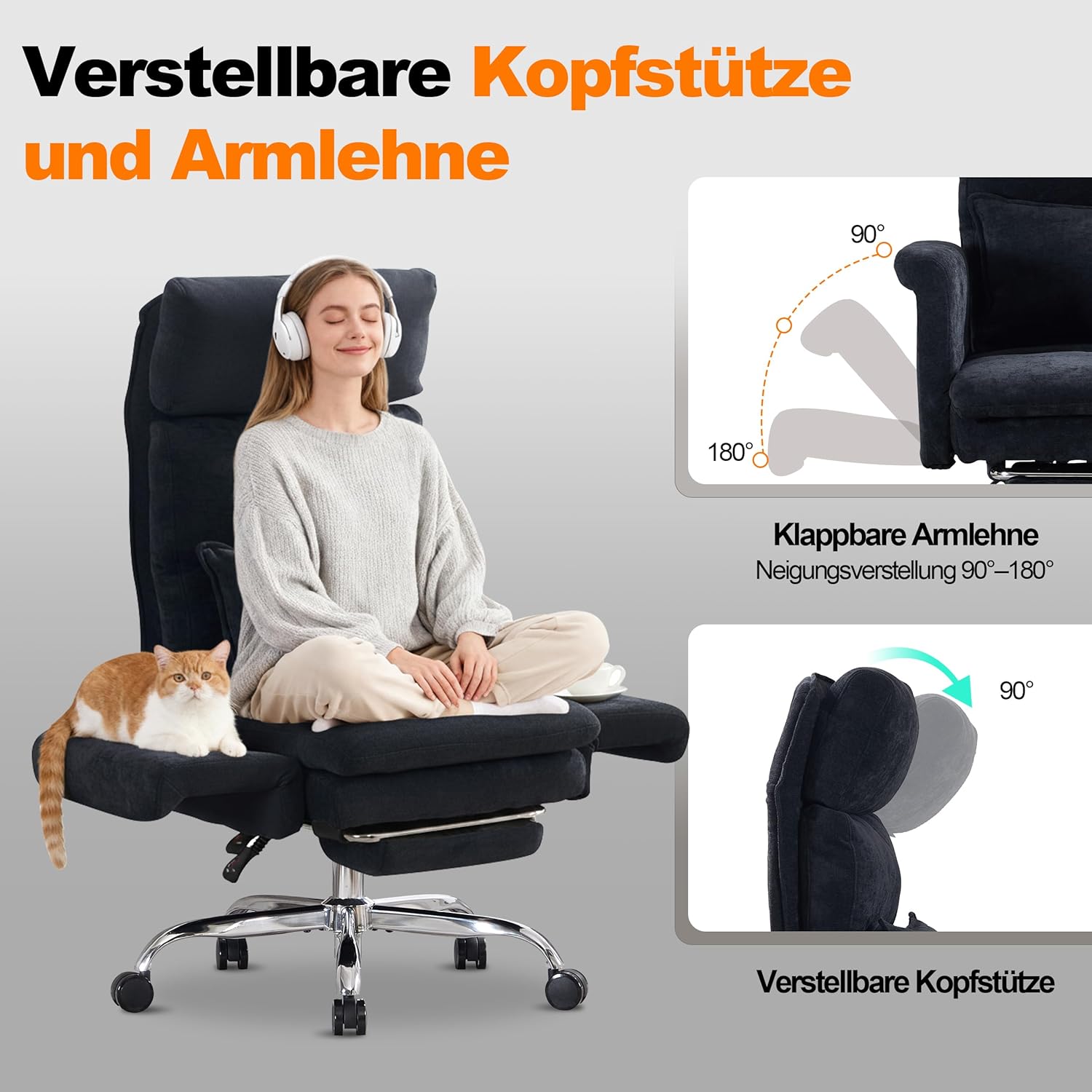 UEV Ergonomischer Bürostuhl mit Fußstütze bis 226 kg, klappbare Armlehnen, dicke Sitzpolsterung, verstellbare Kopfstütze, Schreibtischstuhl für Schneidersitz, Computerstuhl, Drehstuhl, Home Office, Schwarz – Bild 5