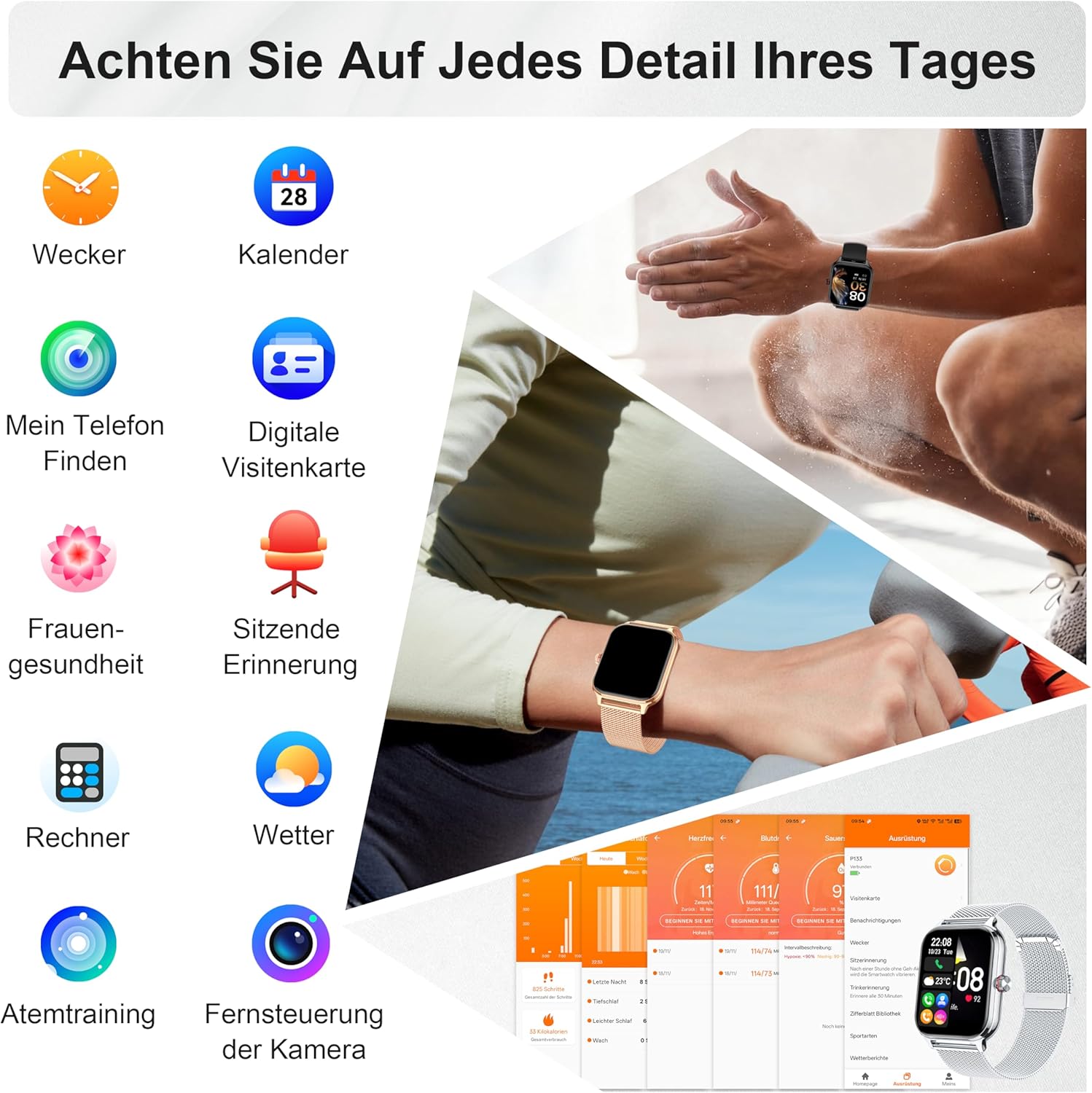 LODIMEKE Smartwatch Herren Damen Telefonfunktion Blutdruck Herzfrequenz Schlaf 1,96 Zoll AI Fitnessuhr 100+ Sportmodi, IP67 Wasserdicht Schrittzähler Wecker Rechner Visitenkarte iOS Android – Bild 7