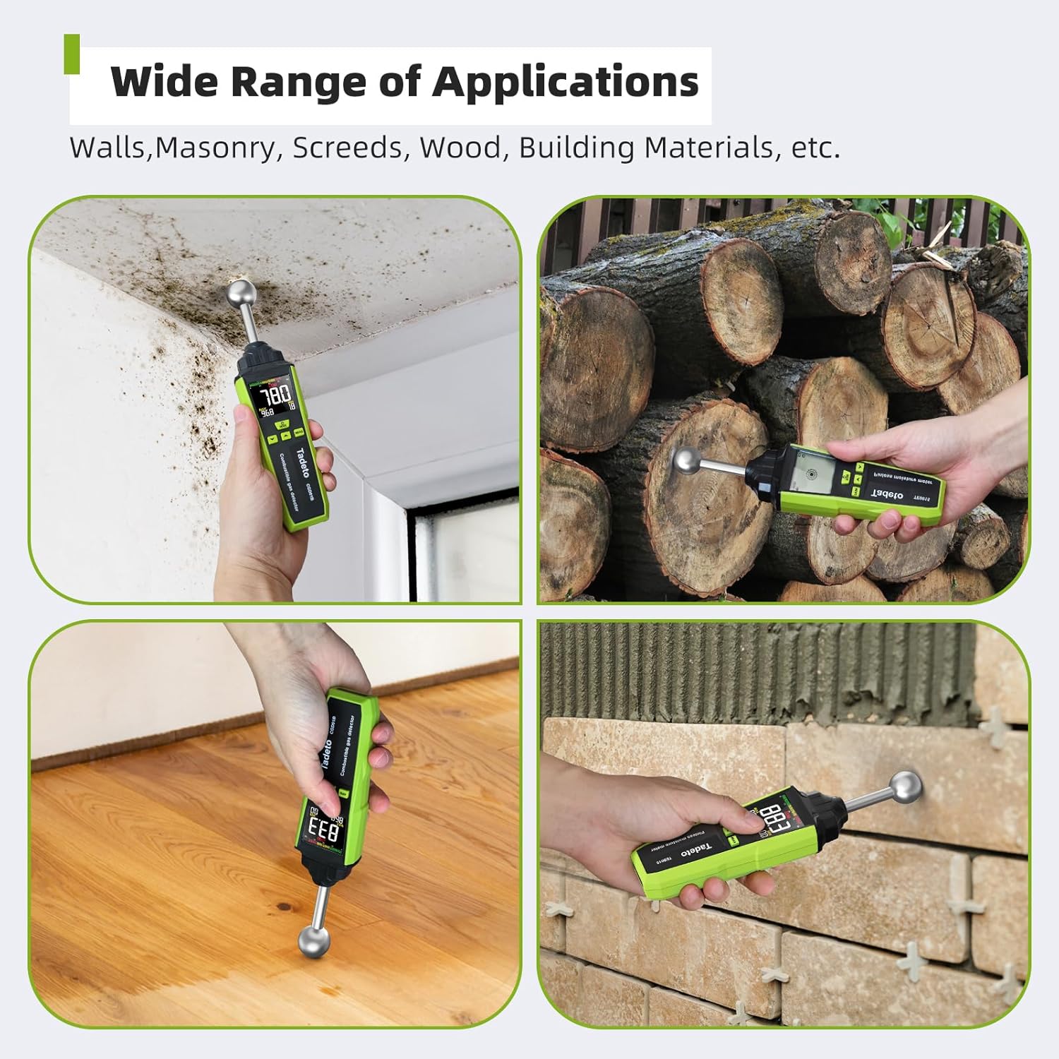 Feuchtigkeitsmesser, zerstörungsfreie Messung, Feuchtigkeitsmesser mit Farb-LCD und akustischem Alarm, Feuchtigkeitsmesser für alle Baumaterialien, Wände, Holz, Putz, Mauerwerk, 20–40 mm Analysetiefe – Bild 3