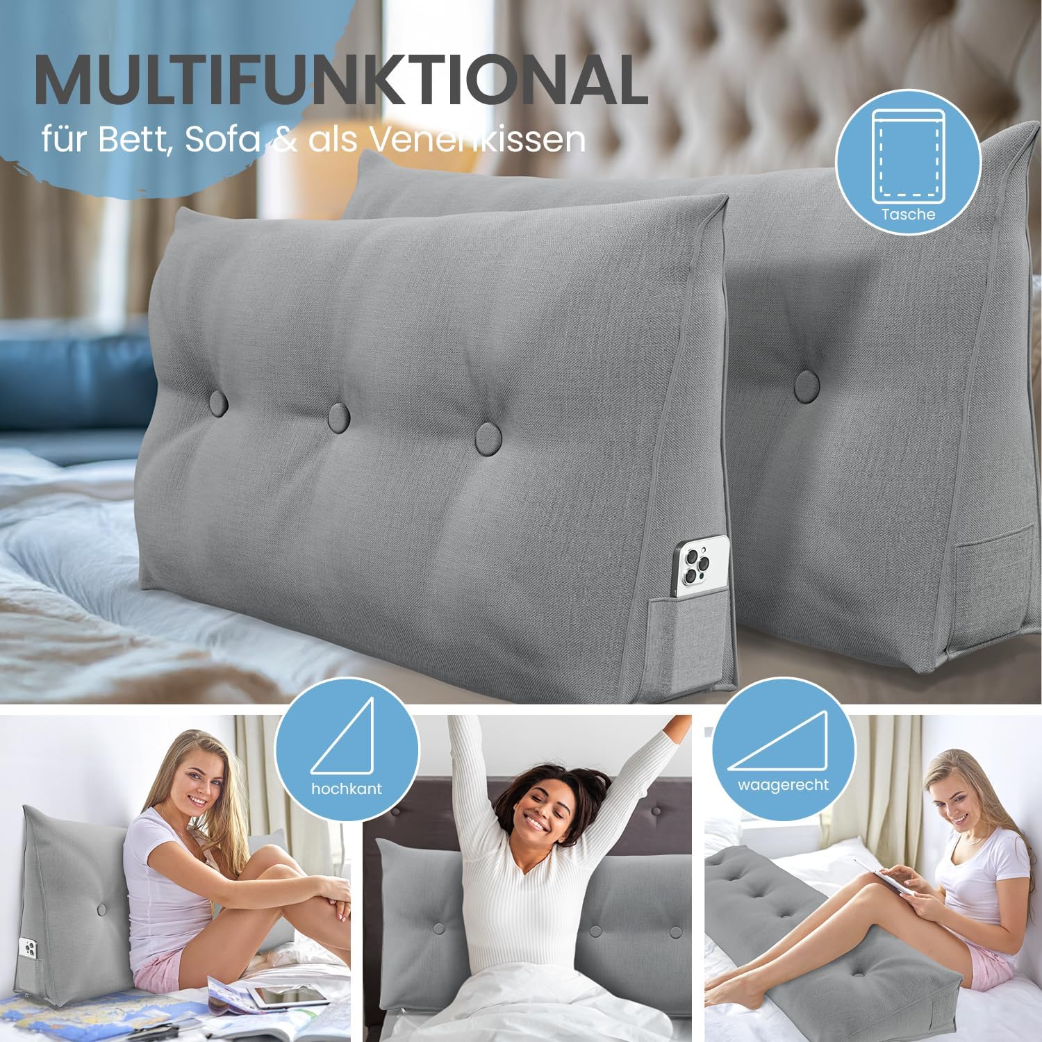 ELONEO Rückenkissen, 180 cm breit, Keilkissen, für Bett und Sofa, dreieckig, Lesekissen, abnehmbarer und waschbarer Bezug, praktische Seitentasche – Bild 5