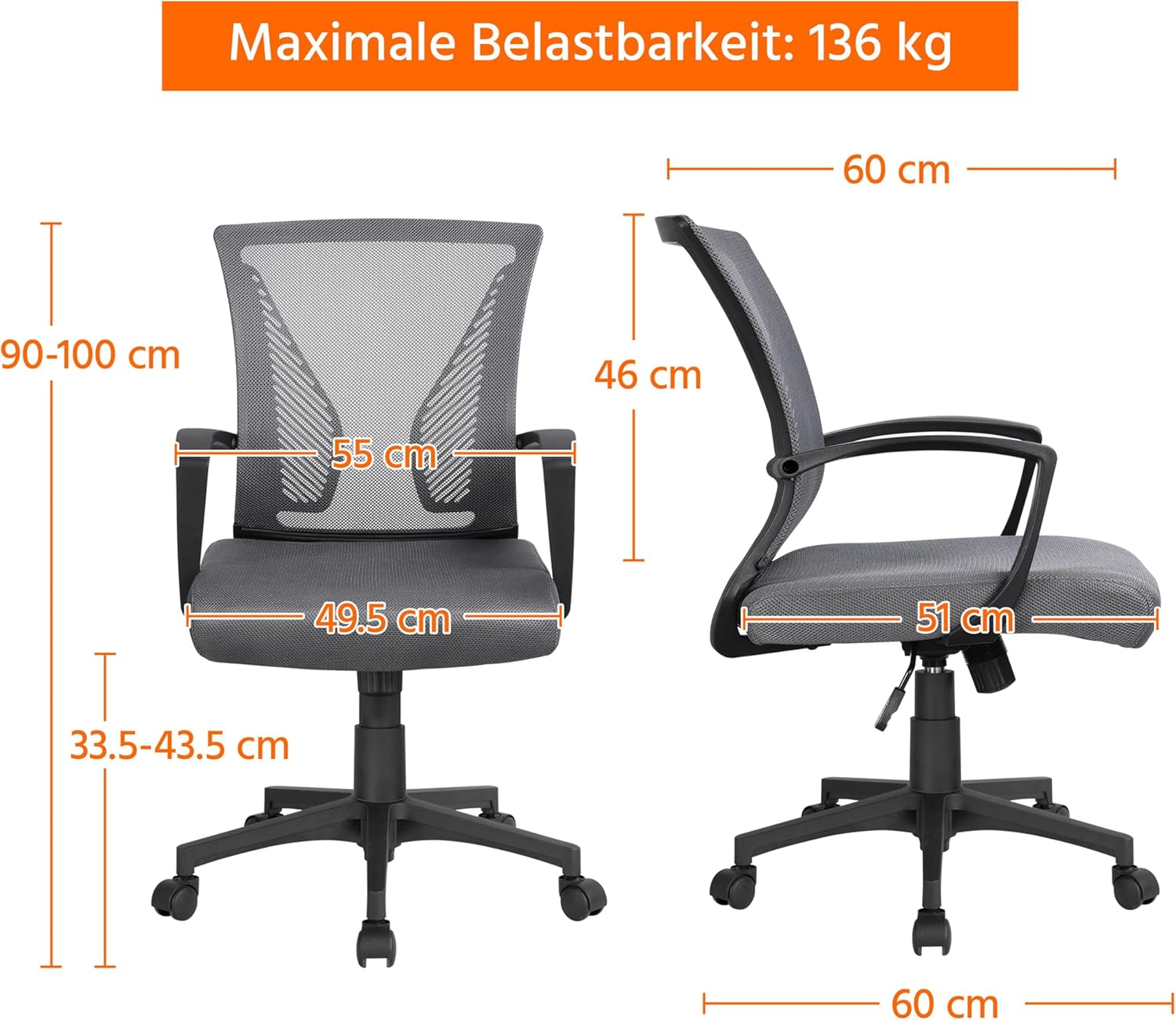 Yaheetech Ergonomischer Bürostuhl, Schreibtischstuhl mit Netzbezug, Arbeitsstuhl mit Armlehnen, Netz-Chefsessel, höhenverstellbarer Computerstuhl, Belastbarkeit 136 kg, atmungsaktiv, Wippfunktion, dunkel – Bild 3