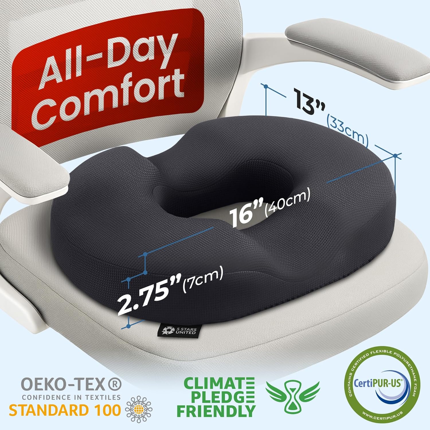 5 Star United Memory Foam Donut-Sitz – orthopädischer Hämorrhoiden- und Steißbeinsitz zur Schmerzlinderung, ergonomischer, rutschfester, waschbarer Bezug – schwarz, klein – Bild 2