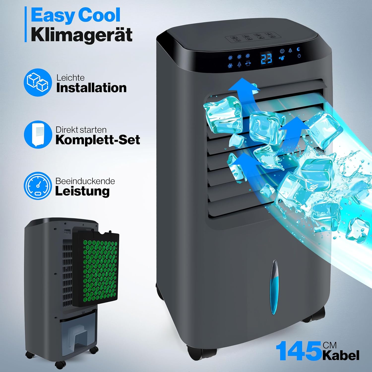 KESSER® Mobile Klimaanlage 4in1 Luftkühler – Air Cooler mit Fernbedienung & Timer, 10L Wassertank, Ionisator & Luftbefeuchter, Ventilator Klimagerät ohne Abluftschlauch, 3 Stufen inkl. Kühlakkus – Bild 2