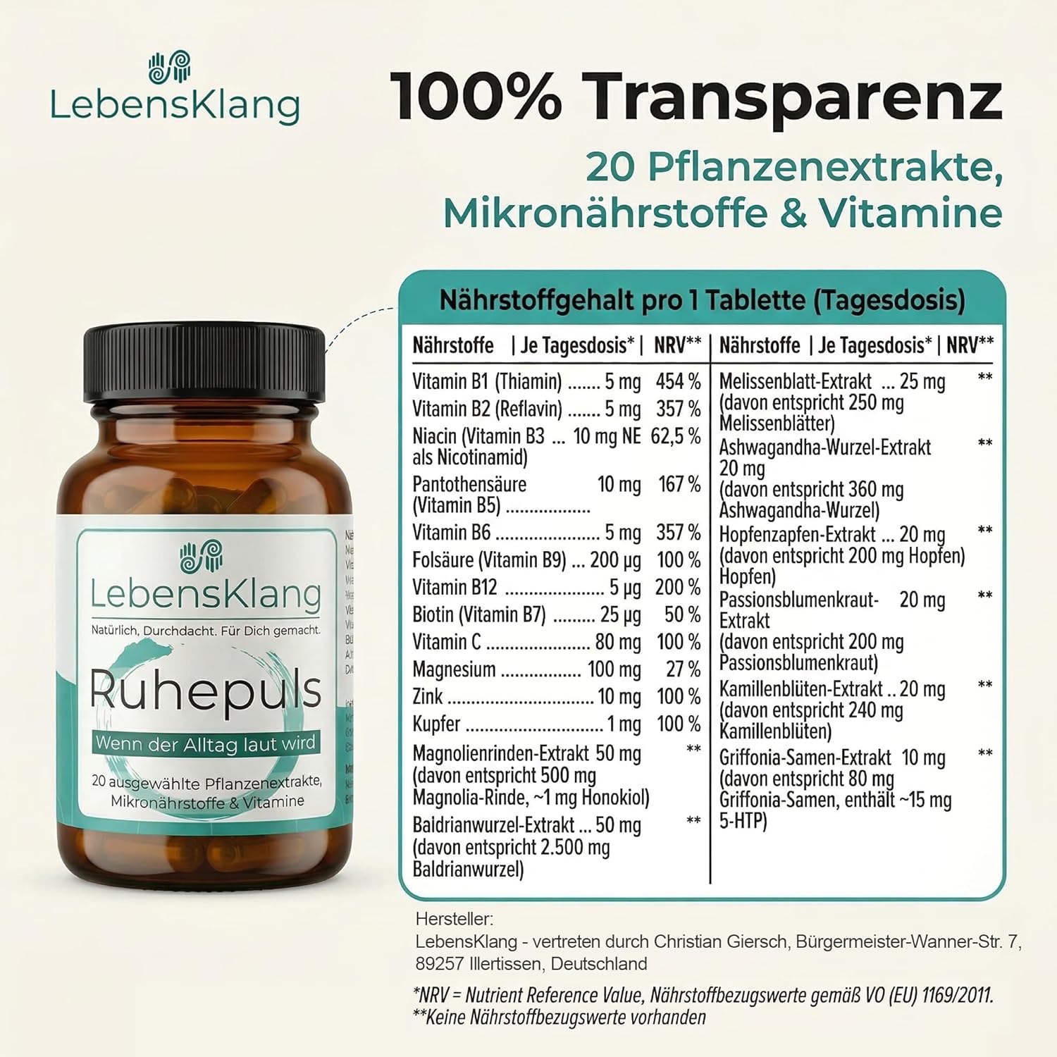 Ruhepuls – Innerer Frieden für Ihr Nervensystem¹ | Ashwagandha-Komplex | Harmonie-Balance | Entspannung | Gute Laune | Ashwaganda, Passionsblume & mehr | Nervenfutter-Geschenk – 30 Tabletten – Bild 8