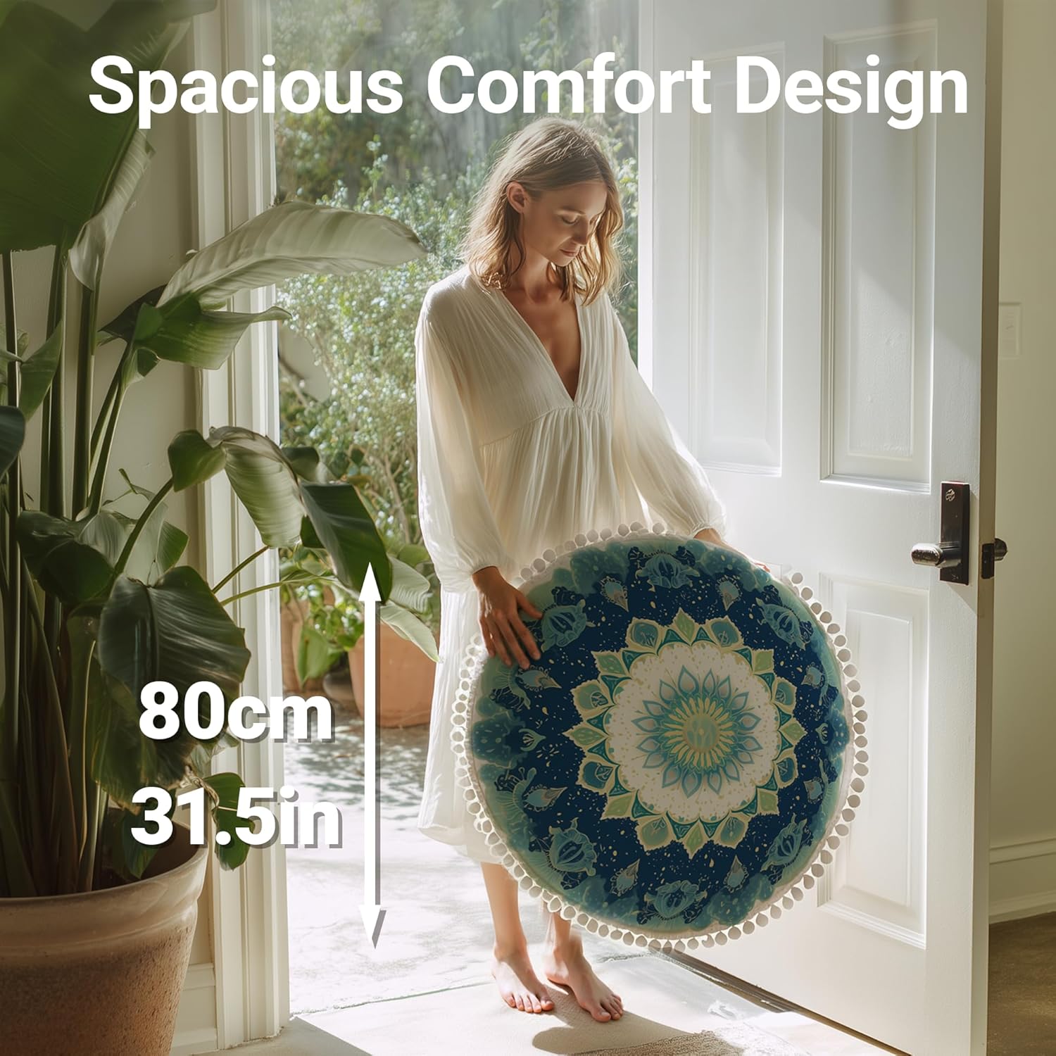 Meditations-Bodenkissen, rundes Sitzkissen mit waschbarem und abnehmbarem Bezug, 80 cm großes ergonomisches Yogakissen mit Pompon-Dekoration, für drinnen und draußen, grün – Bild 2