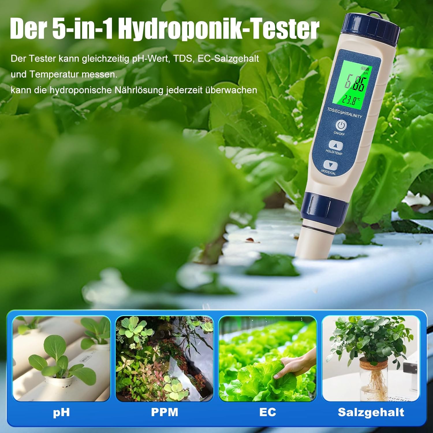 Pious PH-Wert-Messgerät, hochpräzises pH-/Salzgehalt/EC/TDS/Temperatur-Multifunktions-PH-Messgerät, LCD-Display mit automatischer Temperaturkompensation, geeignet für Trinkwasser, Schwimmbad, Hydrokultur – Bild 3