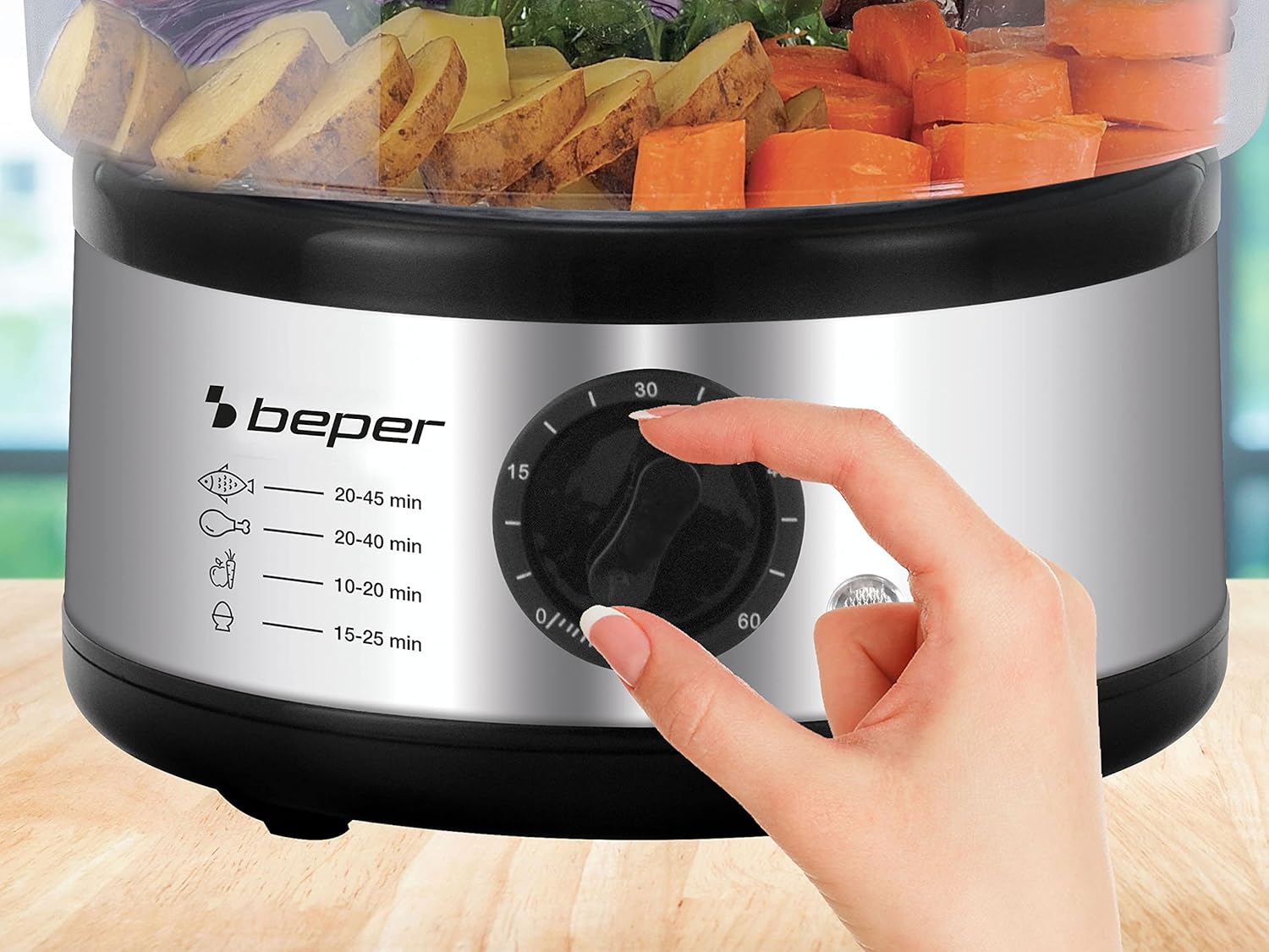 Beper – 5 l Multifunktions-Dampfgarer, kompakte Aufbewahrung, 60-Minuten-Timer, Leistung 400–500 W, – Silber und Schwarz – Bild 3