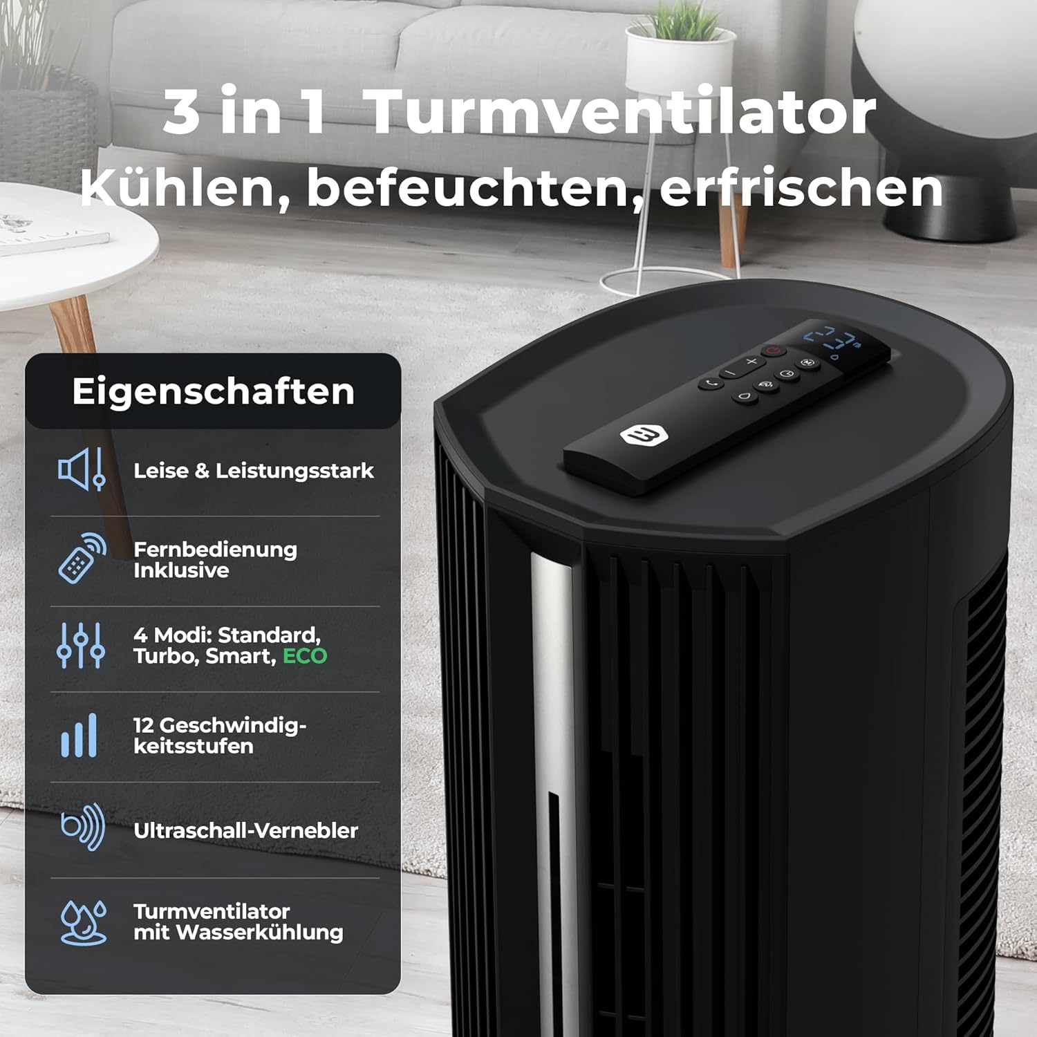 Balter 5-in-1 mobiles Klimagerät ohne Abluftschlauch – Ventilator mit Wasserkühlung – Luftkühler & Luftreiniger, Luftbefeuchter – Turmventilator mit Wasserkühlung – Timer – sehr leise – Bild 2