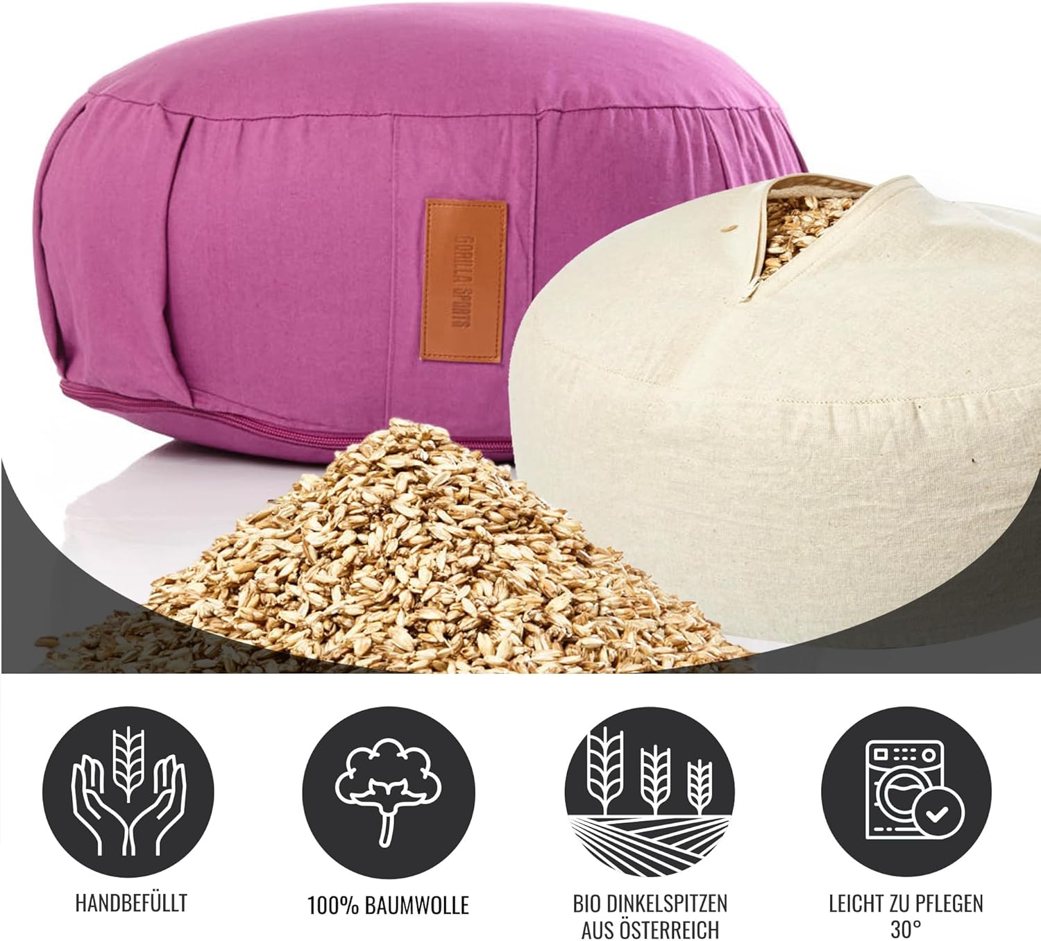 GORILLA SPORTS® Yogakissen – rund, waschbarer Bezug, 100 % Baumwolle, Dinkelspelzfüllung, Sitzhöhe 18 cm, Durchmesser 30 cm, mit Griff, Farbe wählbar – Meditationskissen, Sitzkissen, Yoga-Bolster – Bild 2