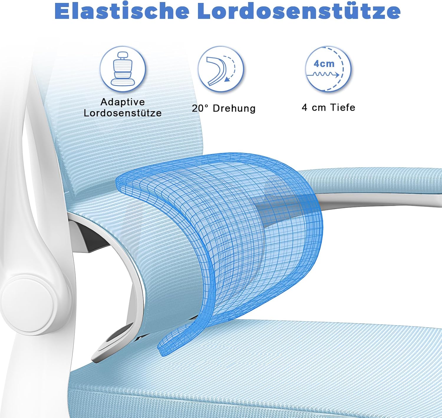 naspaluro Bürostuhl, Ergonomischer Schreibtischstuhl mit verstellbarer Kopfstütze, Armlehnen, dynamischer Lordosenstütze, Drehstuhl mit atmungsaktivem Netzbezug für das Home Office, Blau – Bild 6