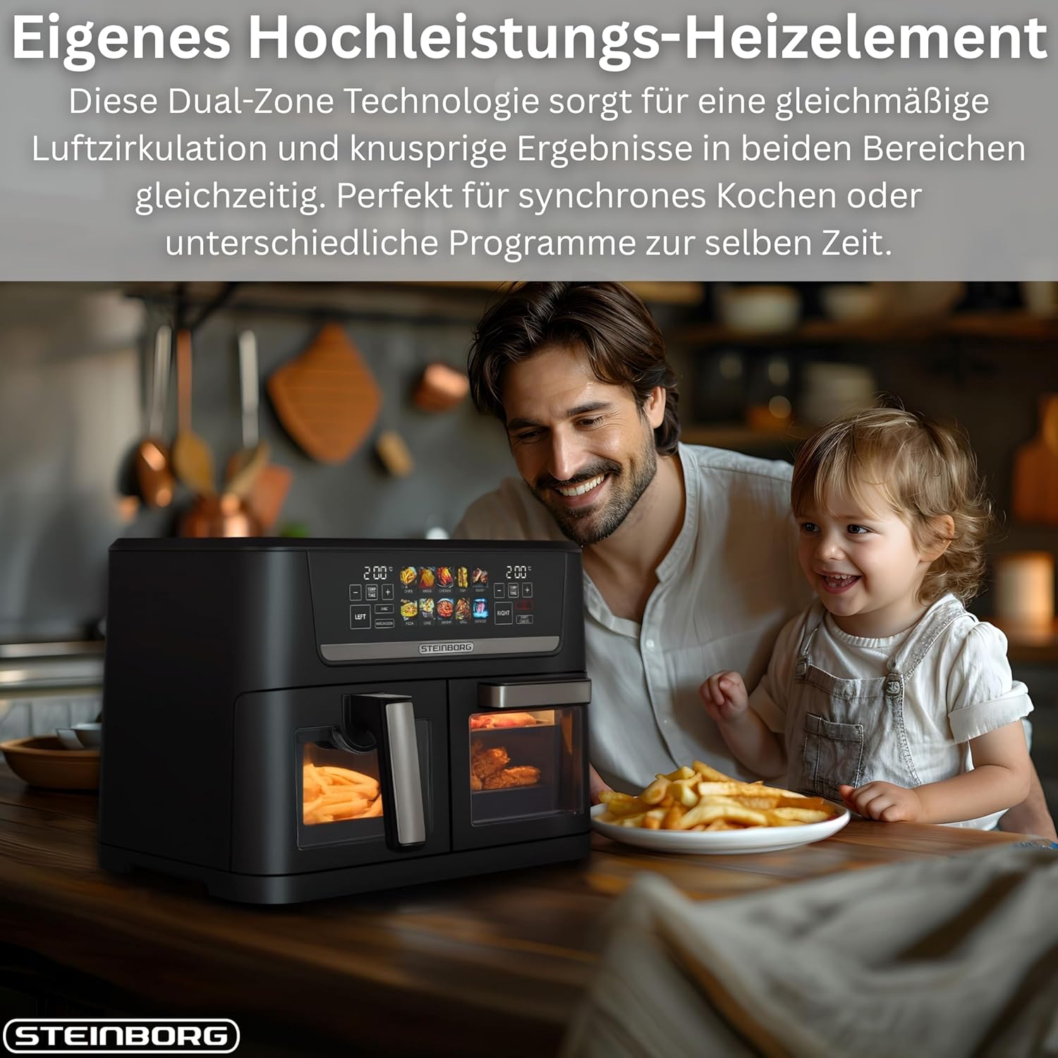 Steinborg® XXL Heißluftfritteuse, Dual-Zone, 14 Liter (8 l + 6 l), Luftfritteuse 1700 W mit 2 Kammern und 2 unabhängigen Kochzonen, Digitalanzeige, 10 Programme, 60–200 °C, Ölfrittierkorb, spülmaschinenfester Korb – Bild 5