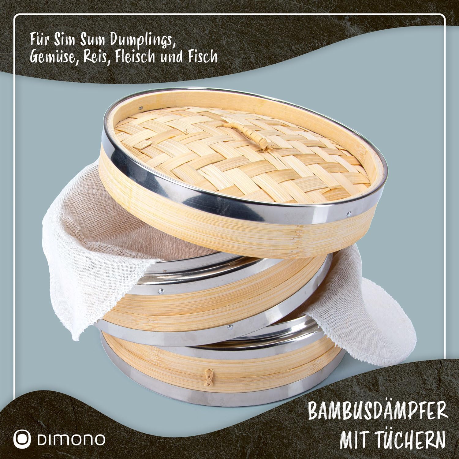 Dimono Bambusdampfgarer mit Edelstahl, 2 Etagen Bambusdampfgarer mit Deckel, Dampfgaraufsatz und Dampfgarkorb für Sim Sum Knödel, Gemüse, Reis, Fleisch und Fisch (Durchmesser 20 cm) – Bild 2