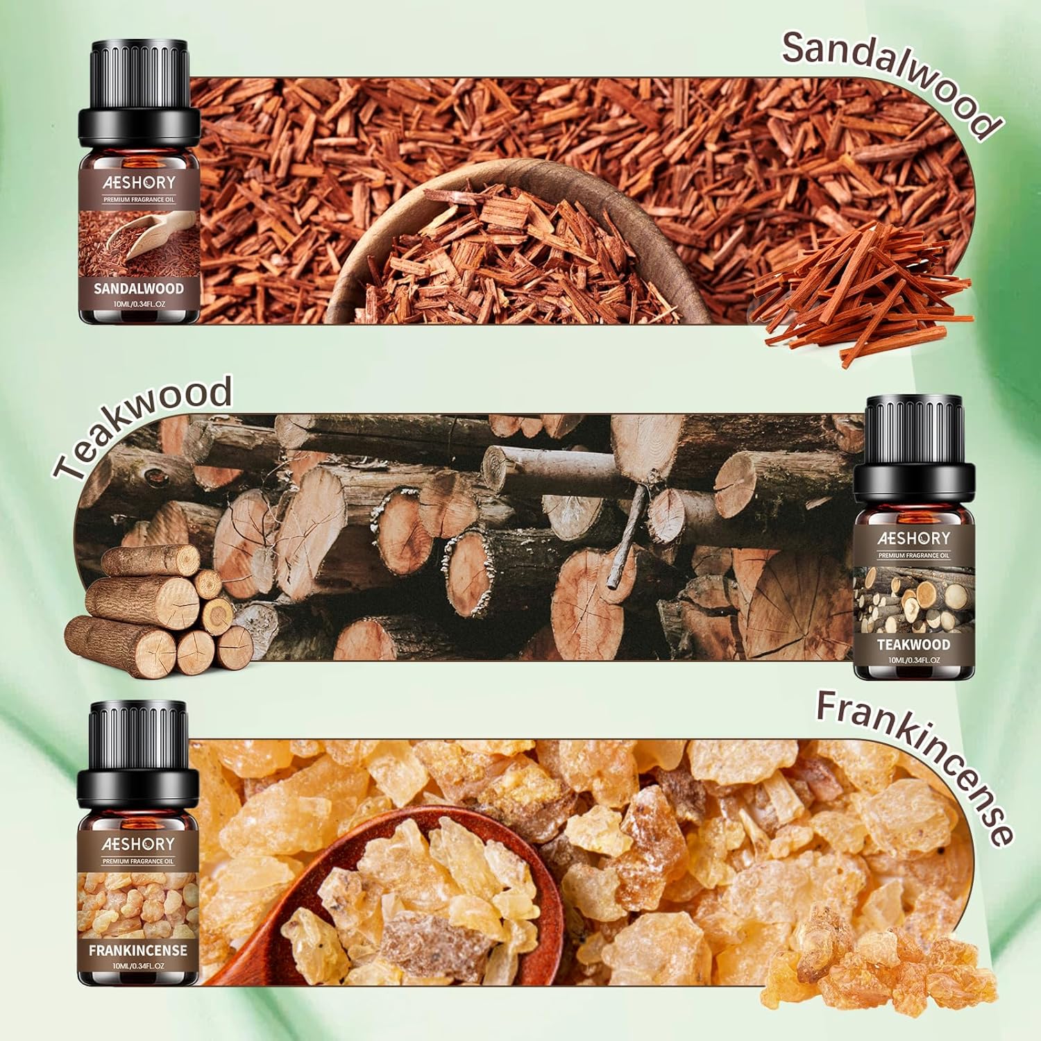 AESHORY Woody Essential Oils Set 6 x 10 ml, natürliches Aromatherapie-Duftöl-Geschenkset für Diffusor, Kerzenherstellung – Weihrauch, Sandelholz, Zedernholz, Teak, Zypresse, Waldkiefer – Bild 3