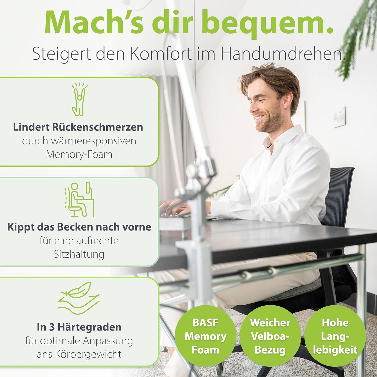 Feela. Orthopädisches Keilkissen (3 Härtegrade) – Haltungskorrektur aus Memory-Schaum für mehr Sitzkomfort und Linderung von Ischias – ideales Sitzkissen für Stuhl für Büro und Sofa (mittel) – Bild 2