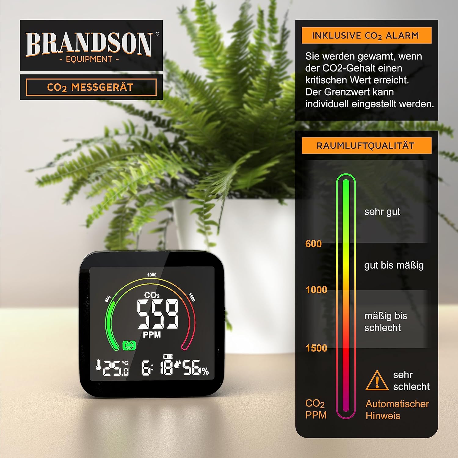 Brandson – CO2-Detektor-Messgerät, Luftqualitätstester, Kohlendioxid-Sensor-Messung PPM, CO2-Anzeige, empfohlener Alarm für Raumluftlüftung, Wecker, Temperaturthermometer, Luftfeuchtigkeits-Hygrometer – Bild 5