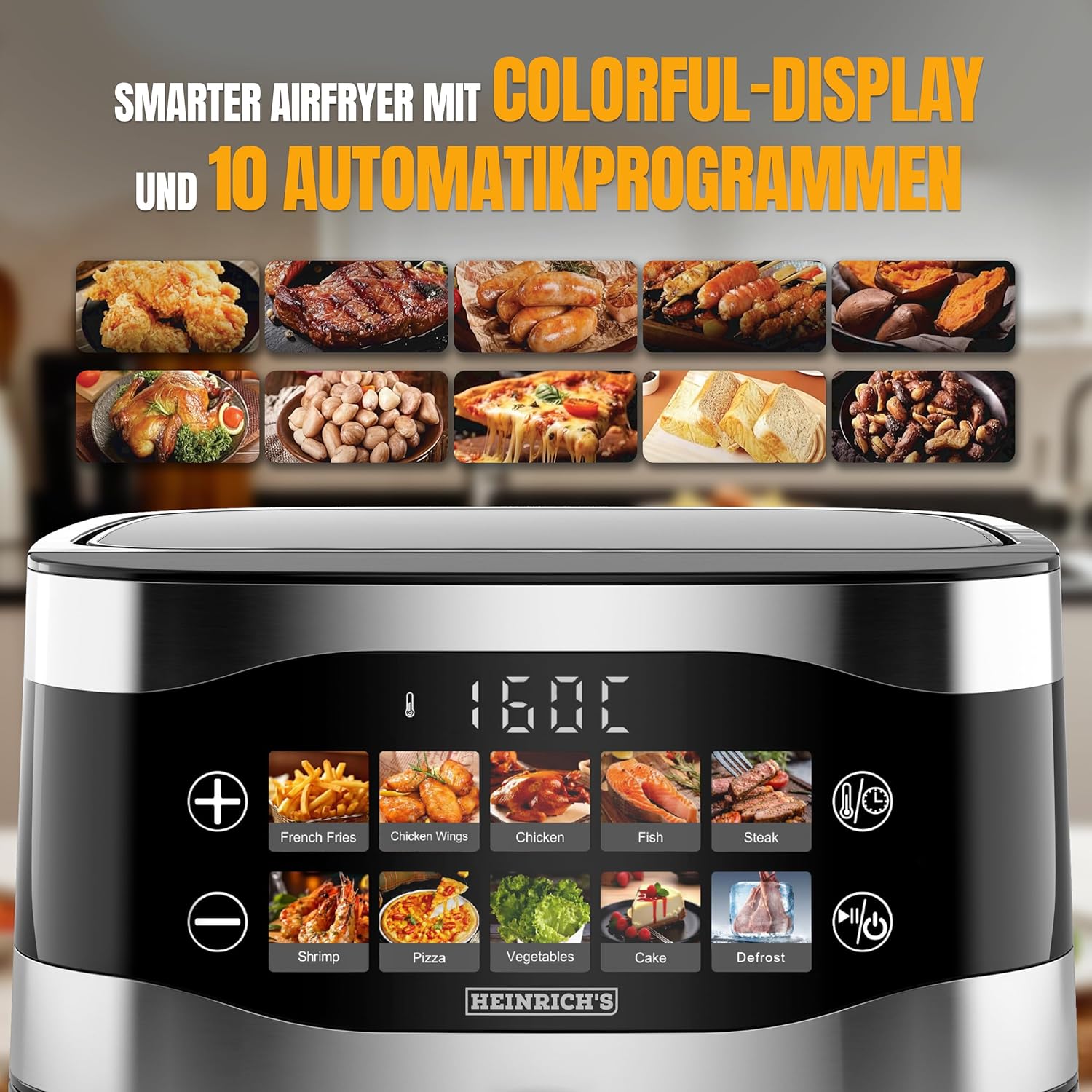 HEINRICHS Heißluftfritteuse, 9 Liter XXL-Luftfritteuse, 10-in-1-Heißluftfritteuse, LED-Display mit Sensor-Touch-Steuerung, fettfreie Zubereitung, inklusive Timer, platzsparend, spülmaschinenfester Korb, 1800 W – Bild 5