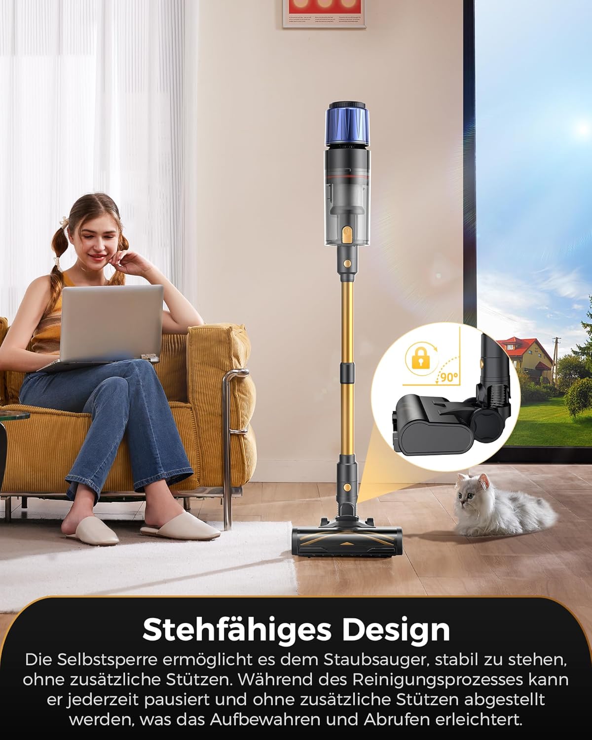 Proscenic P15+ Akku-Staubsauger, 70 Minuten, 55 KPa, 650 W, kabelloser, selbststehender Staubsauger mit Touchscreen, grünes Licht, Anti-Tangle-6-Lagen-Filter, Akku-Staubsauger für Teppiche, Tierhaare, Autos (Gelb, L) – Bild 7