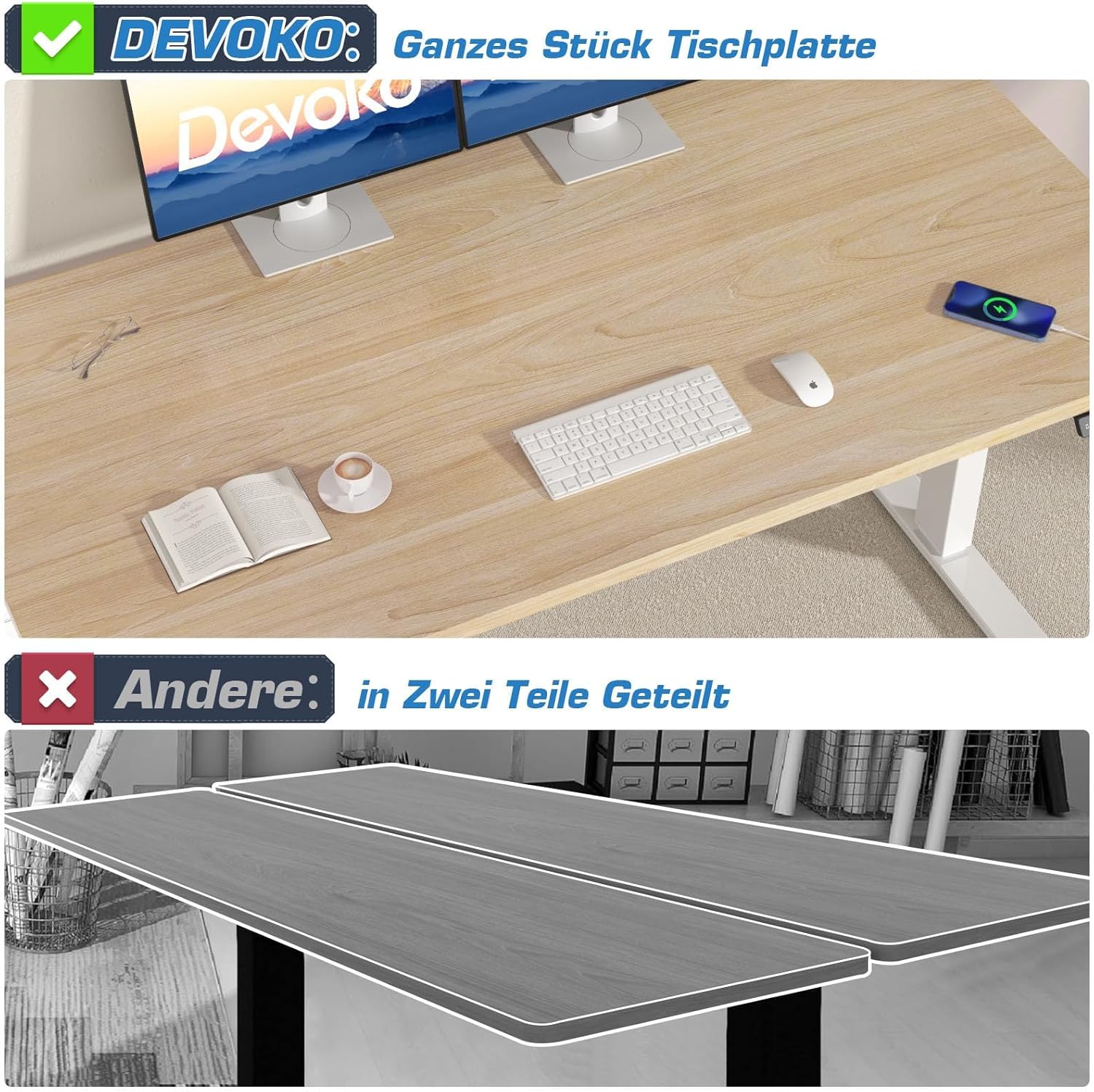 Devoko Höhenverstellbarer Schreibtisch mit 2 Motoren, 25 mm einteilige Tischplatte, 160 x 80 cm, mobiler elektrischer Computertisch mit Kabelmanagement, Eiche, perfekte Ergonomie für Ihr Büro – Bild 4