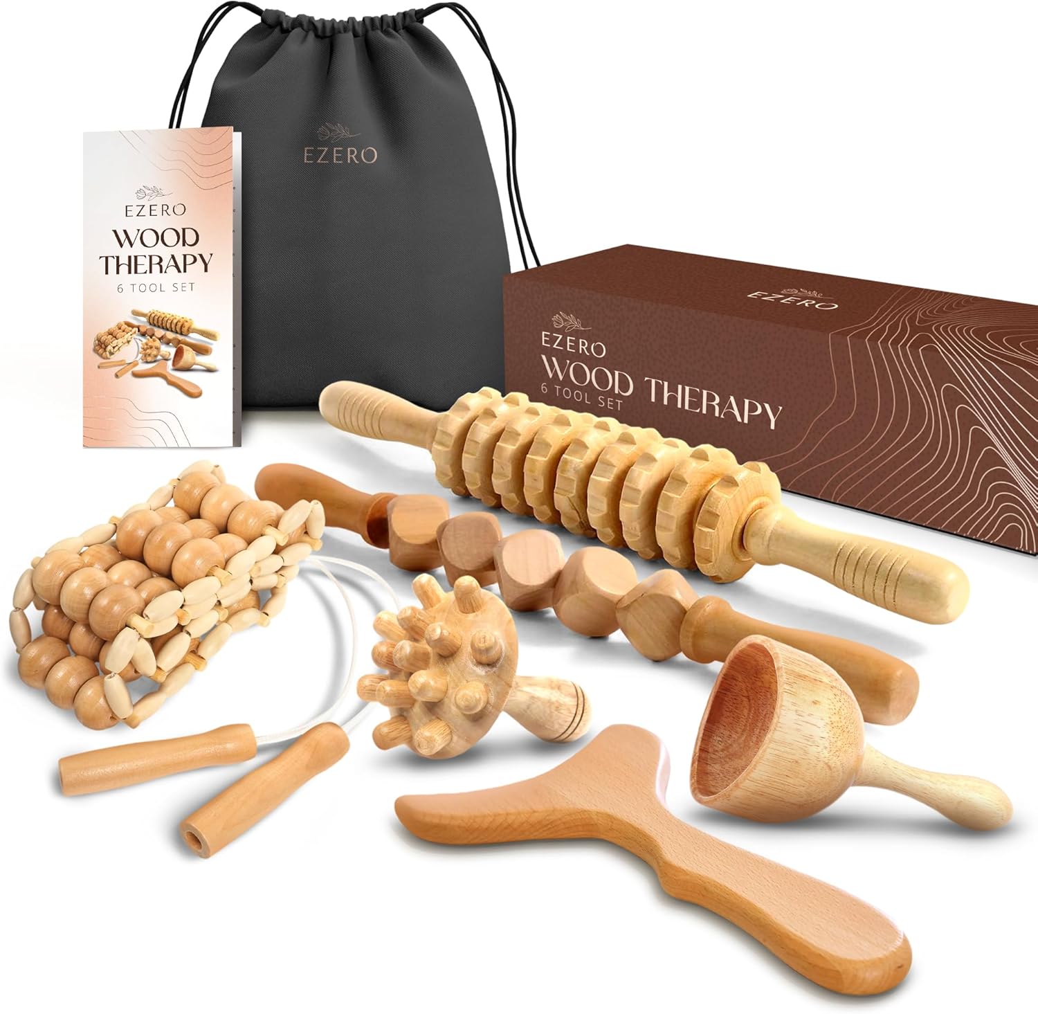 Ezero Maderotherapy 6er-Set – Professionelles Maderotherapy-Massageset aus Holz & Holztherapie-Massagewerkzeuge mit Faszienstab – für Lymphdrainage, Anti-Cellulite-Massage und Körperformung