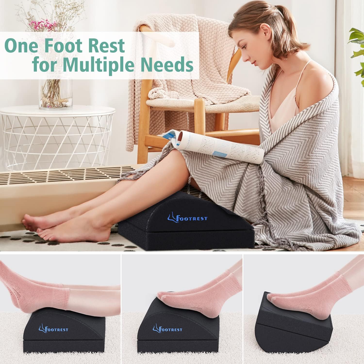 Verstellbare Fußstütze unter dem Schreibtisch, ergonomisches Fußstützenkissen mit Magic Tape für optionale Höhe, Memory-Schaum und rutschfester Unterseite für Zuhause, Büro, Flugzeug, Reisen – Bild 4