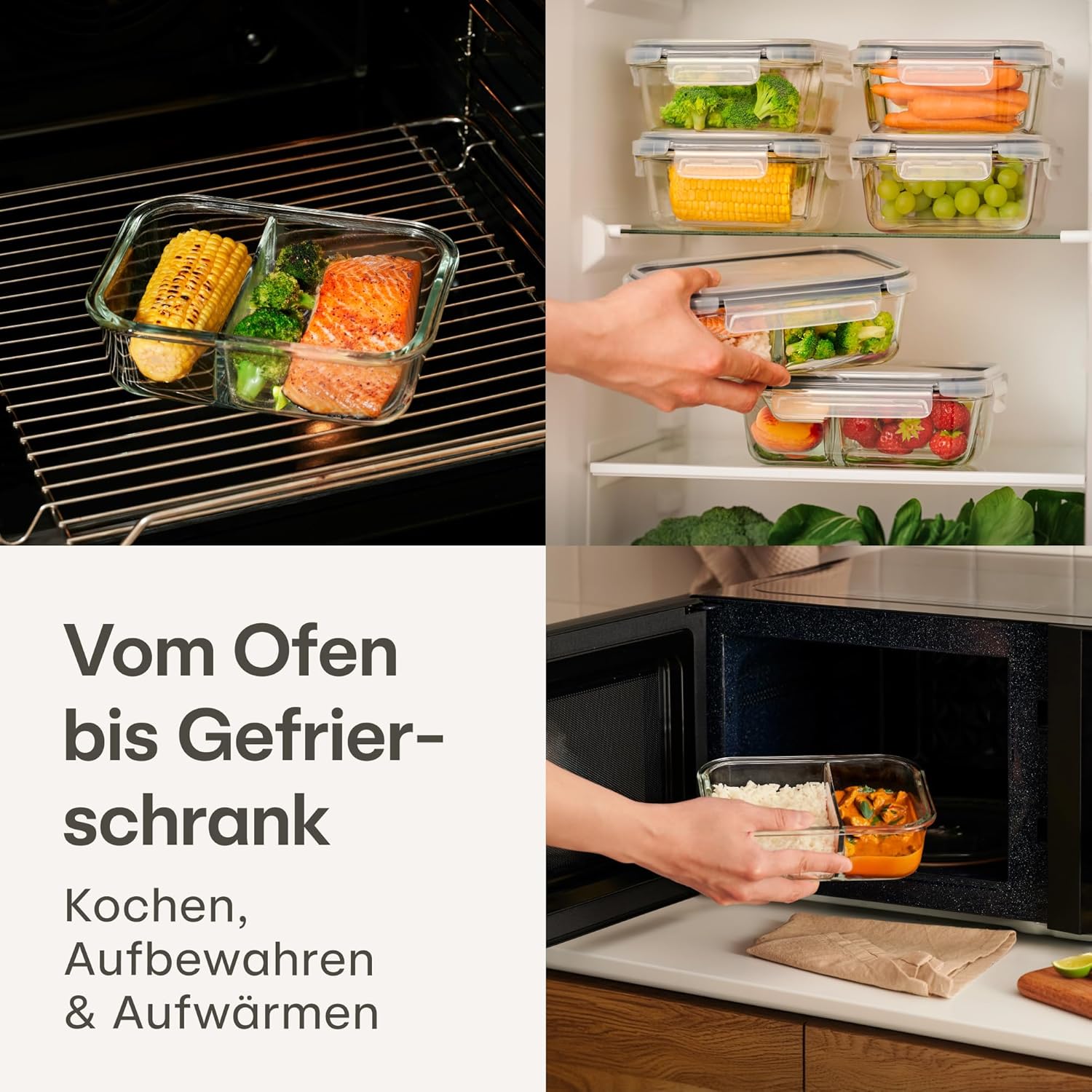 Praknu Meal-Prep-Boxen aus Glas, 2 Fächer – Set mit 2 Meal-Prep-Behältern 1 l – luftdichter Glasbehälter mit Deckel – geeignet für Spülmaschine, Mikrowelle und Backofen – Meal-Prep-Boxen – Lebensmittel-Aufbewahrungsbehälter aus Glas – Bild 4