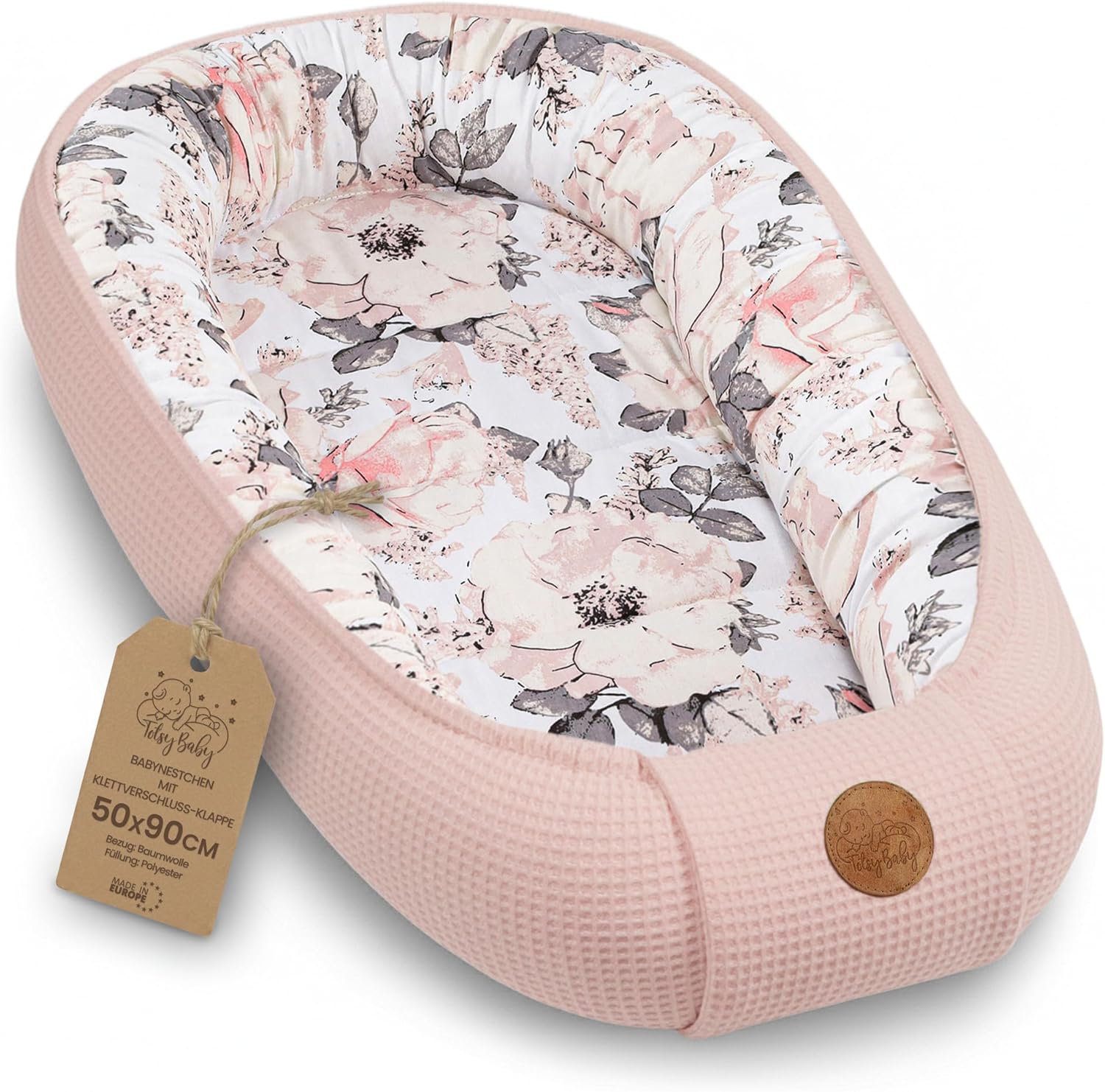 Babynest für Neugeborene/Babys, handgefertigter doppelseitiger Waffel-Piqué-Baumwollkokon, 90 x 50 cm, Wildrose