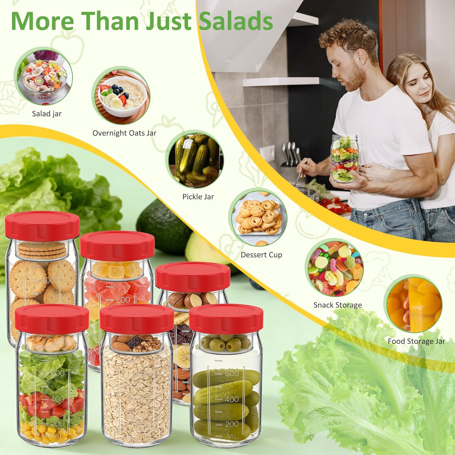 Meal-Prep-Gläser mit Deckel-Set, 4 x 950 ml Einmachgläser, auslaufsicherer/vertikal geschichteter Meal-Prep-Behälter, ideal zum Mitnehmen, Salate, Marmelade, Overnight Oats und Fertiggerichte, breit – Bild 8
