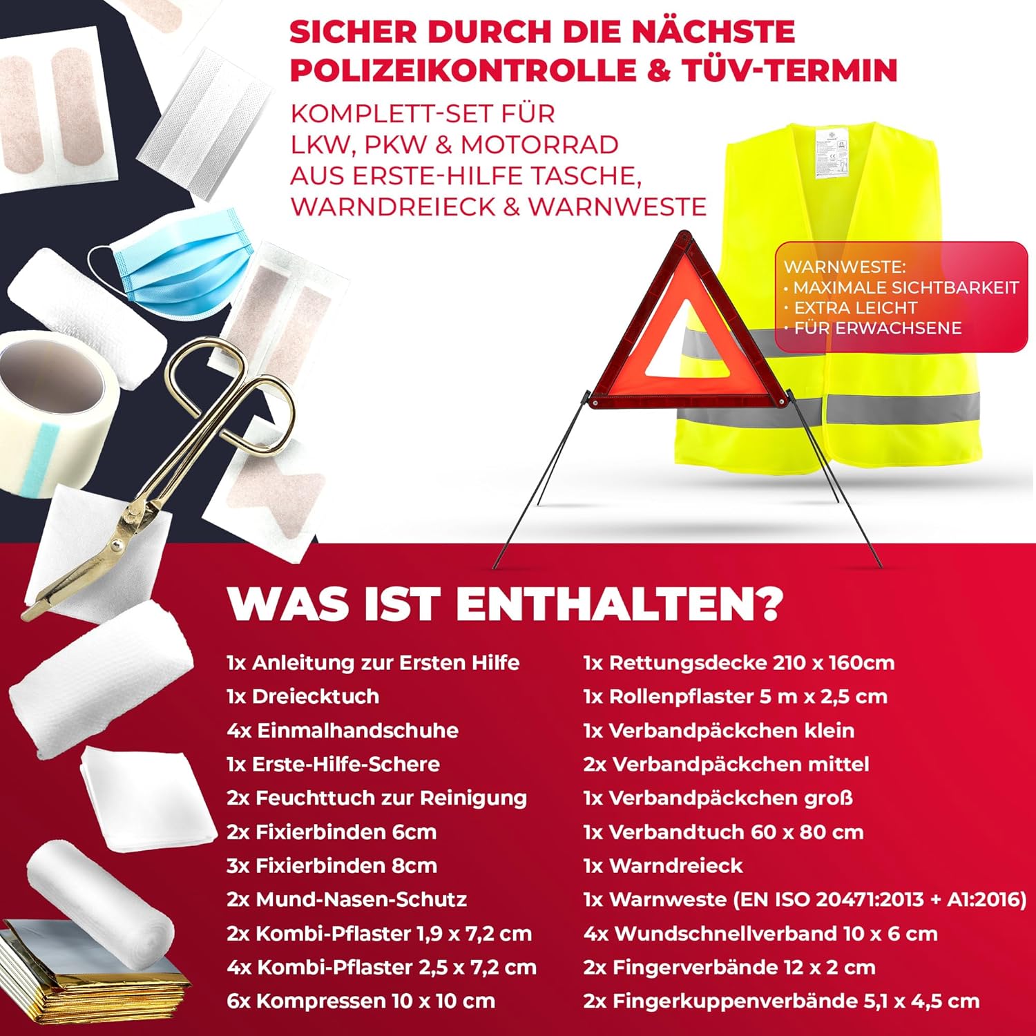 Auto-Verbandskasten inkl. Warndreieck & Warnweste bis Baujahr 2029 (EU-konform) nach DIN 13164:2022 Erste-Hilfe-Set Erste-Hilfe-Tasche Pannenset 2025 Auto Wohnmobil-Zubehör Zuhause 100 % zuverlässig Smart Planet – Bild 4