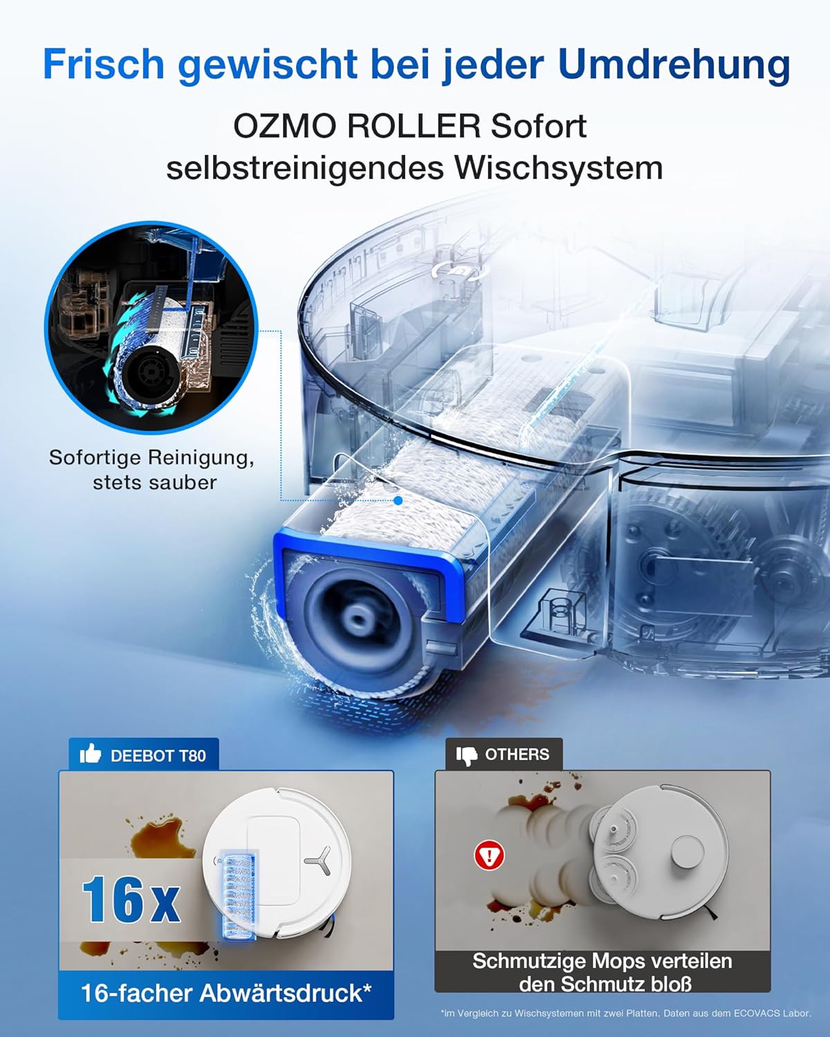 ECOVACS Deebot T80 Omni Roboterstaubsauger mit Wischfunktion, 18.000 Pa, OZMO Roller Wischwalze mit kontinuierlicher Frischwasser-Selbstreinigung, ZeroTangle 3.0, Wischwäsche mit 40–75 °C heißem Wasser, Weiß – Bild 2